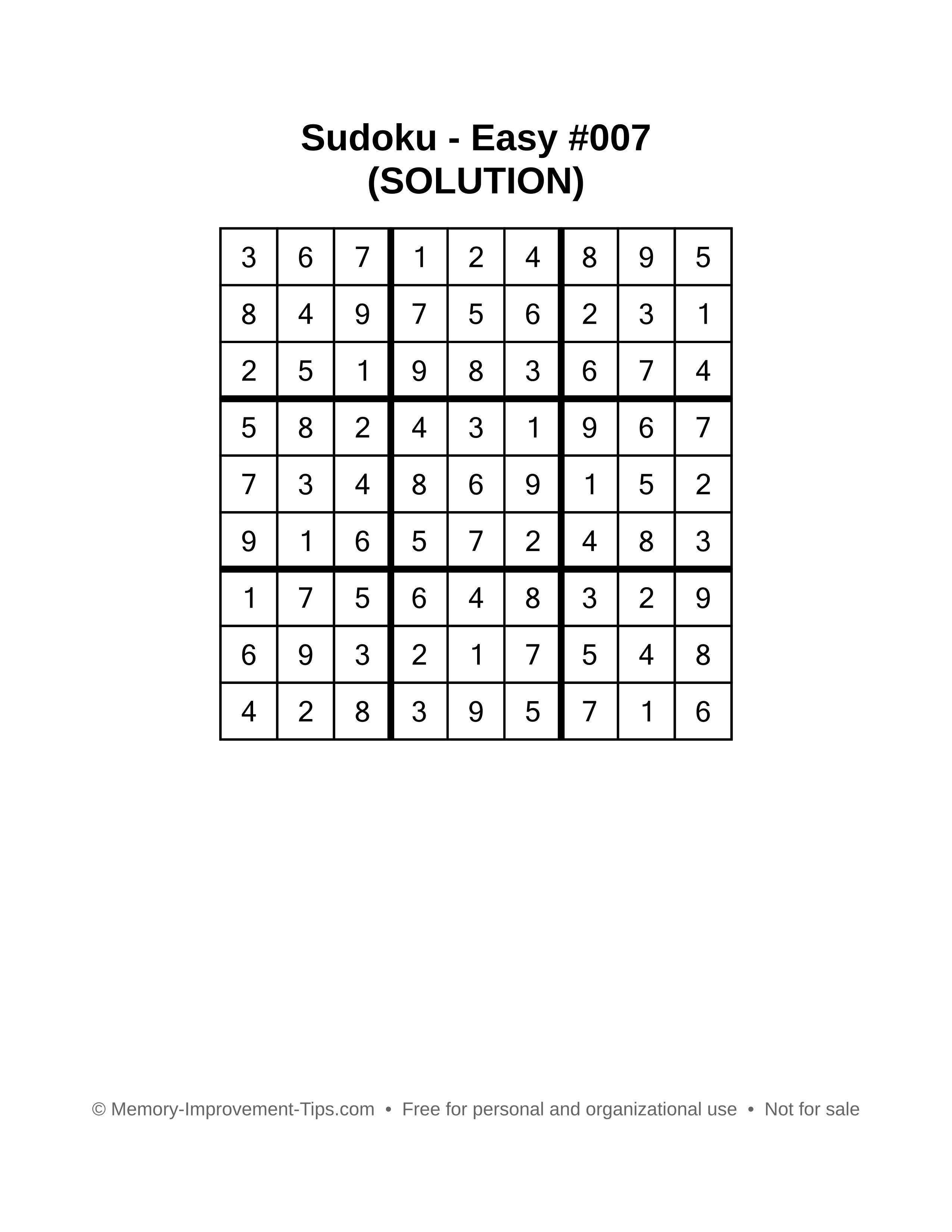 Printable Sudoku solution Easy #007