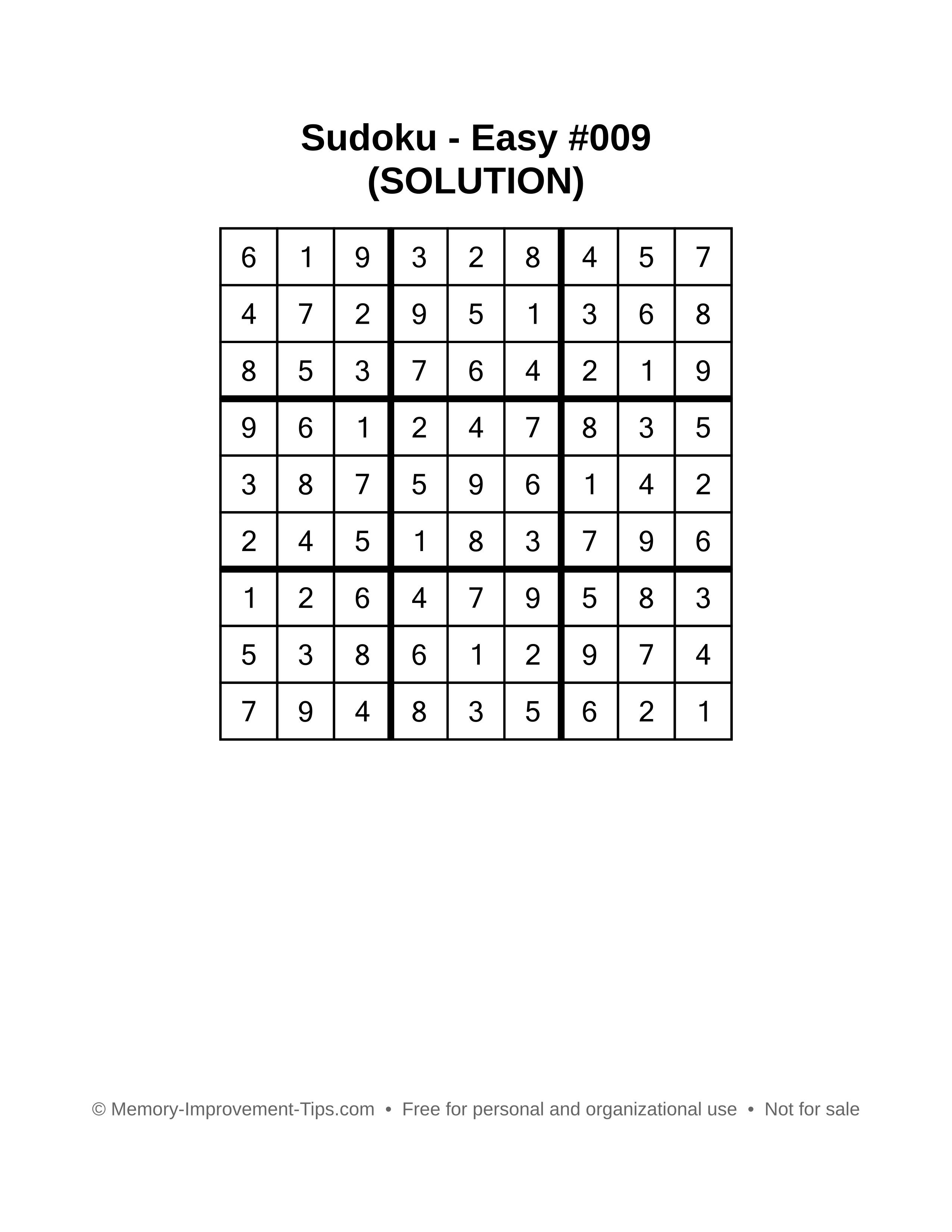 Printable Sudoku solution Easy #009