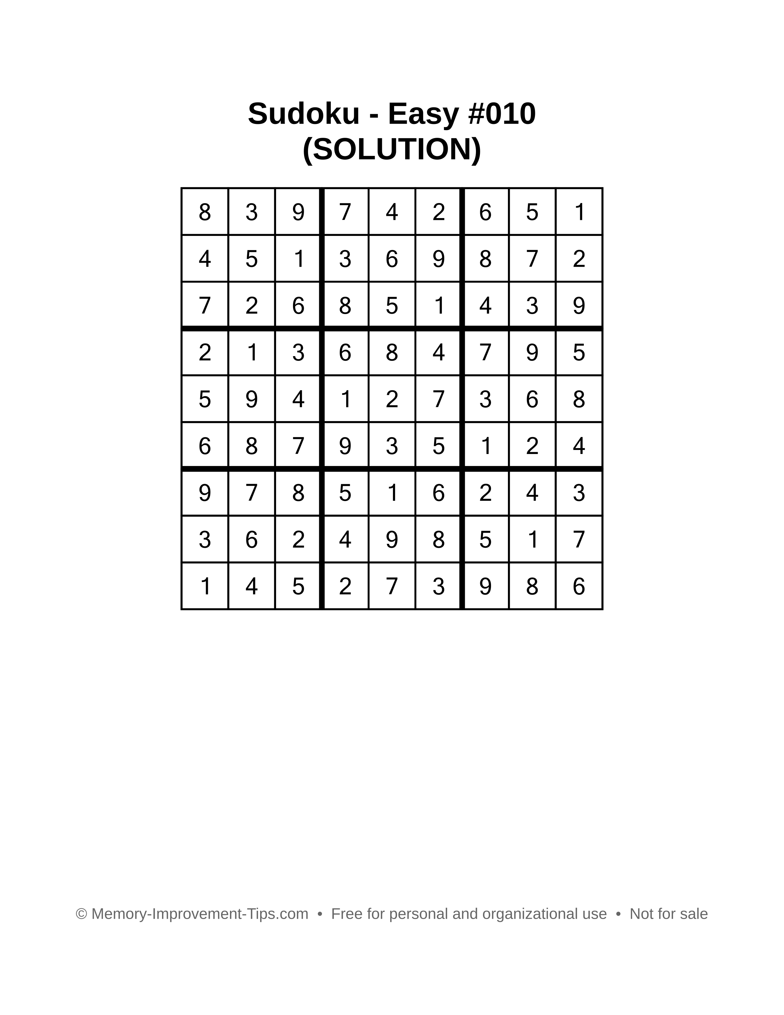 Printable Sudoku solution Easy #010