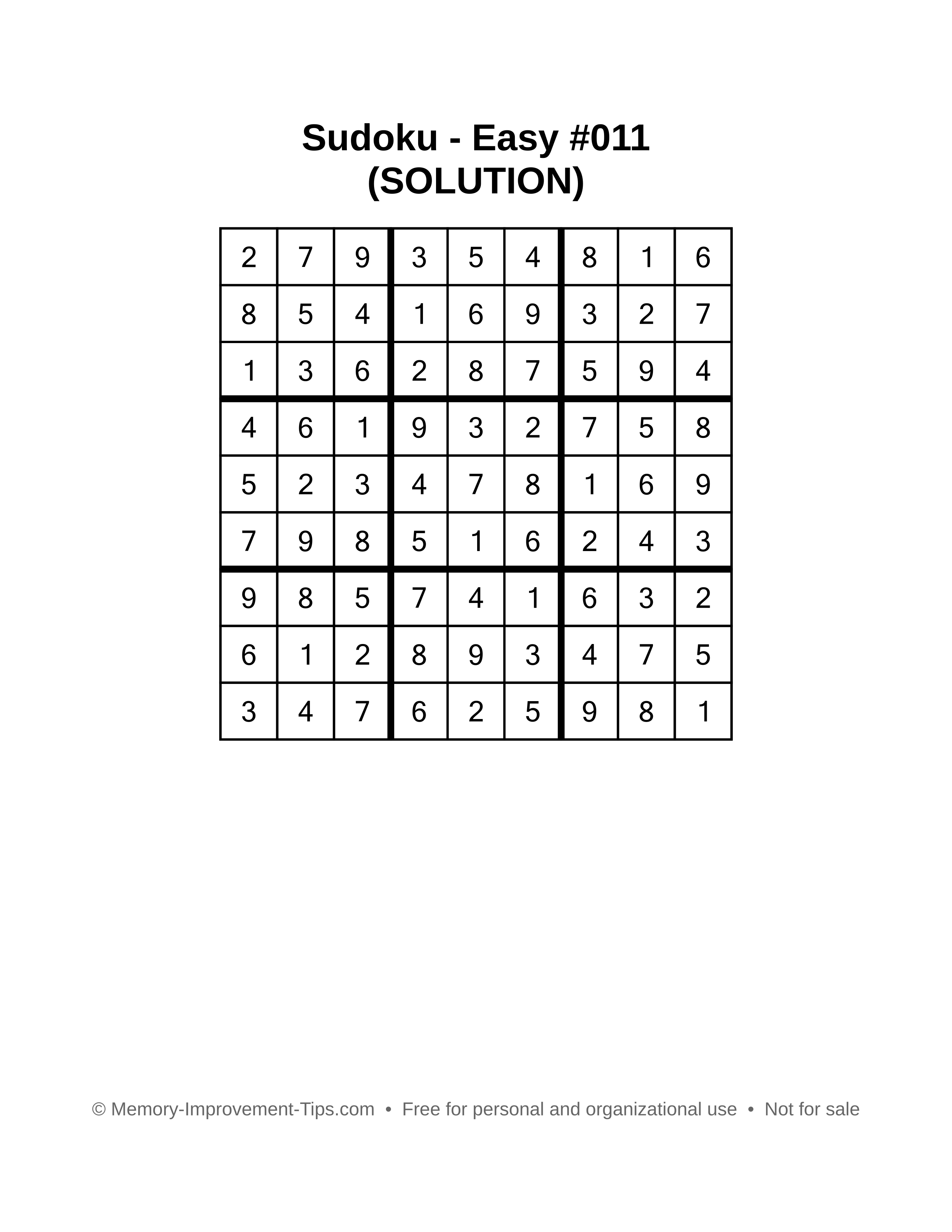 Printable Sudoku solution Easy #011