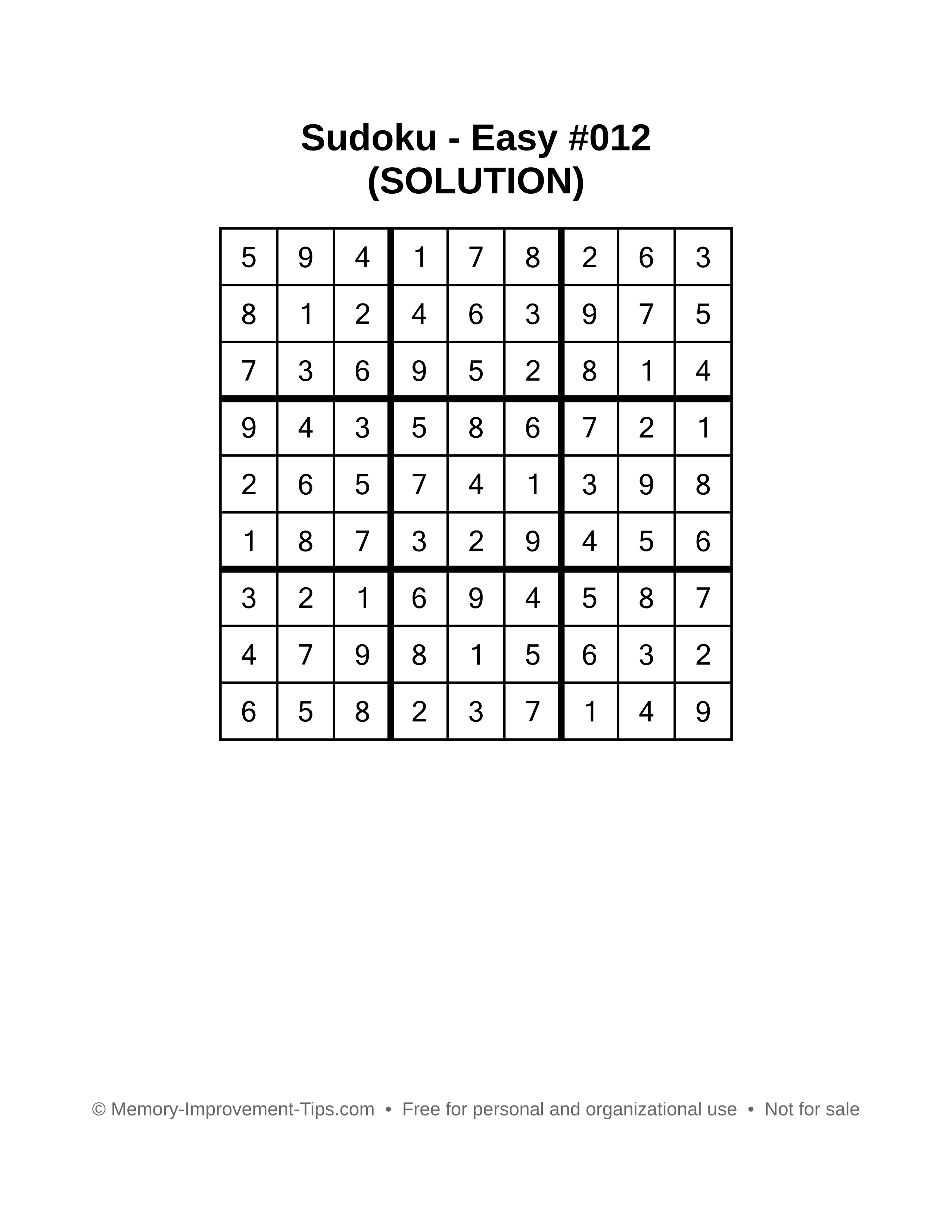 Printable Sudoku solution Easy #012