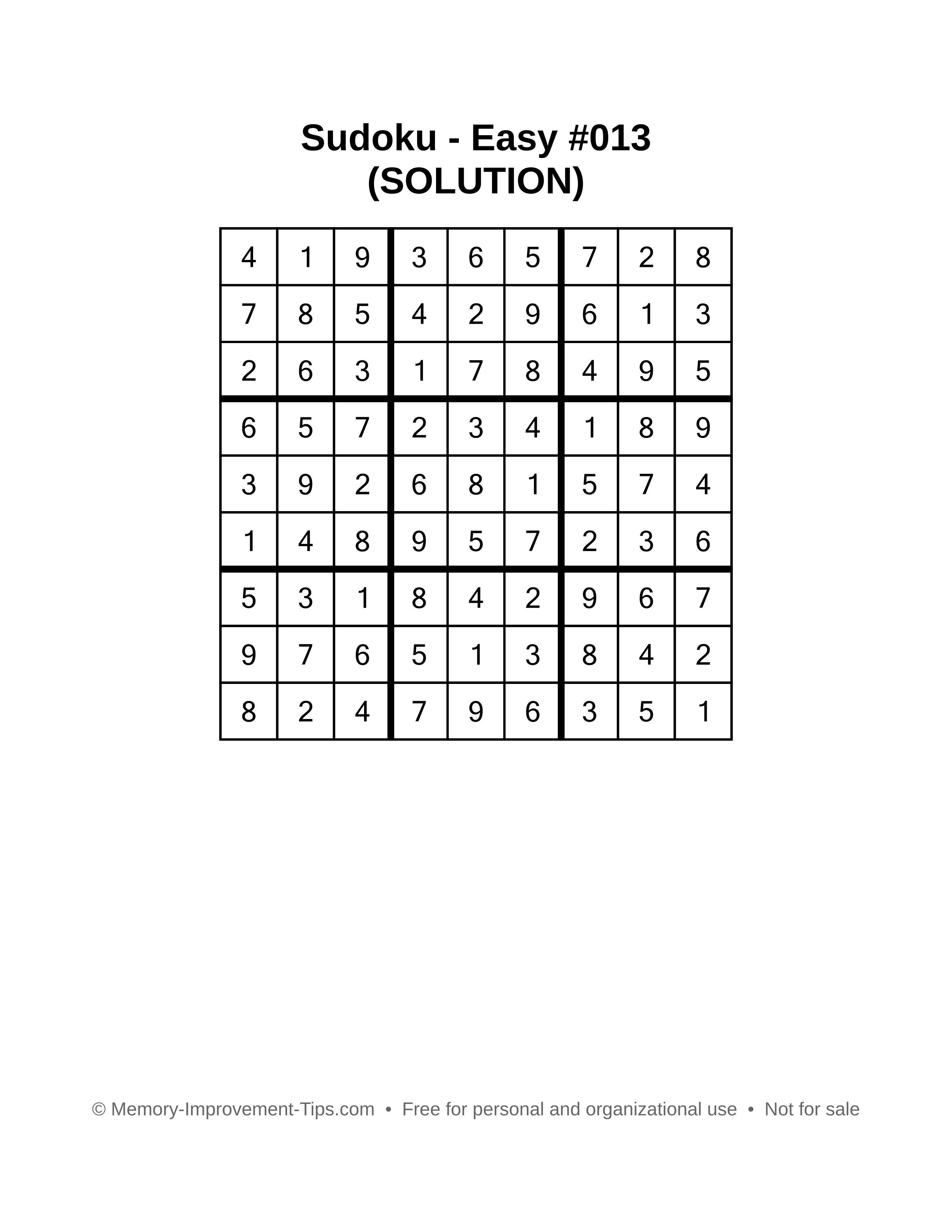 Printable Sudoku solution Easy #013