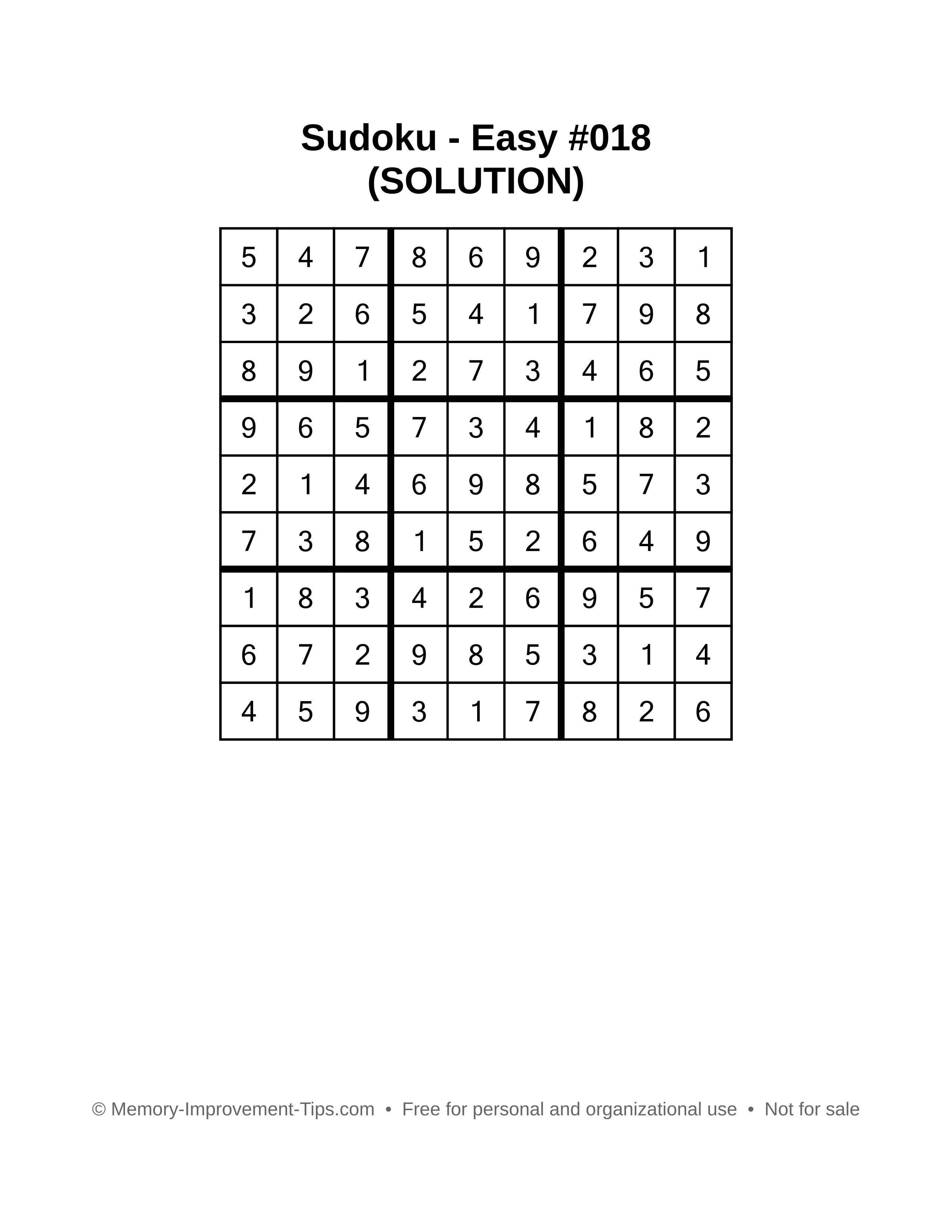Printable Sudoku solution Easy #018