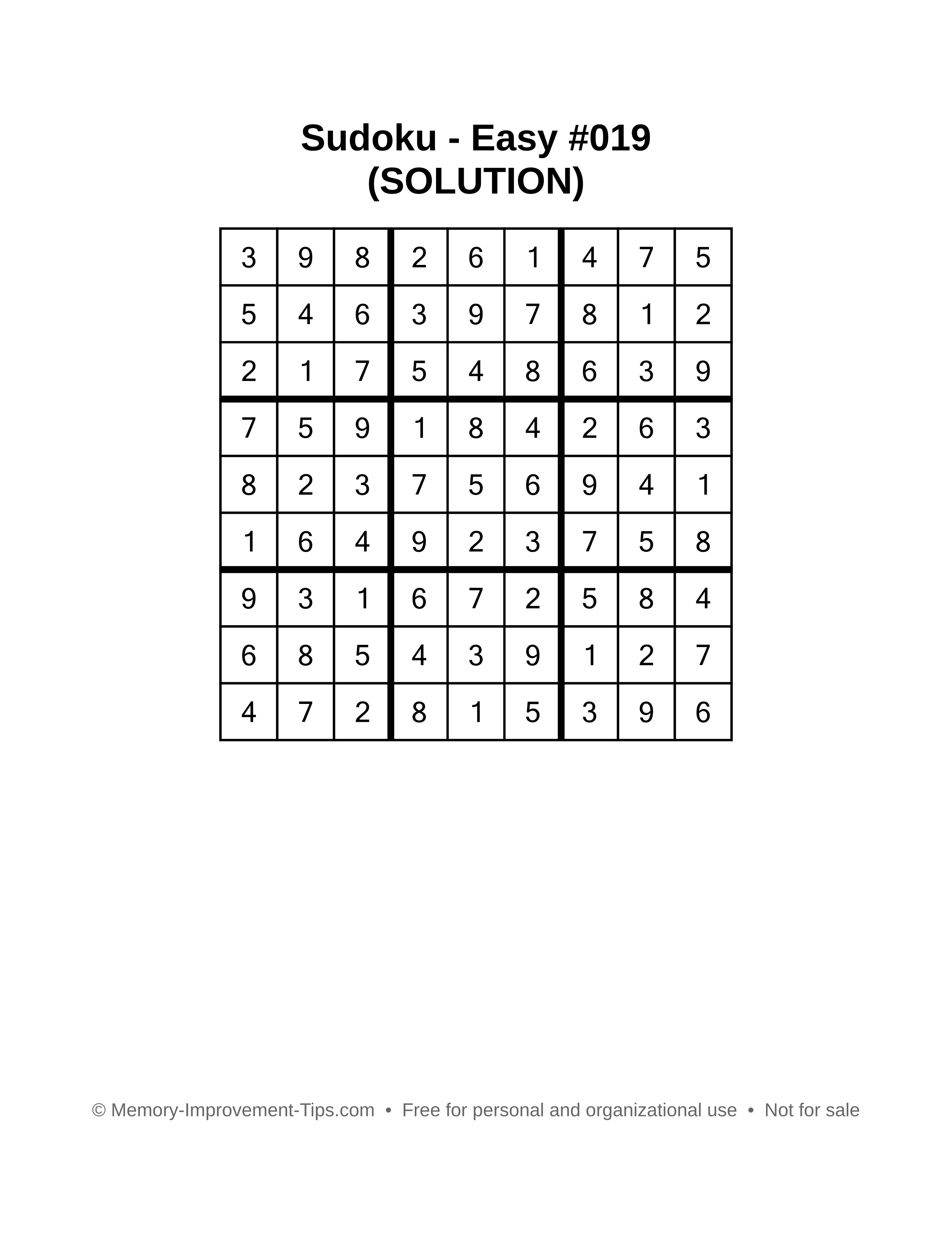 Printable Sudoku solution Easy #019