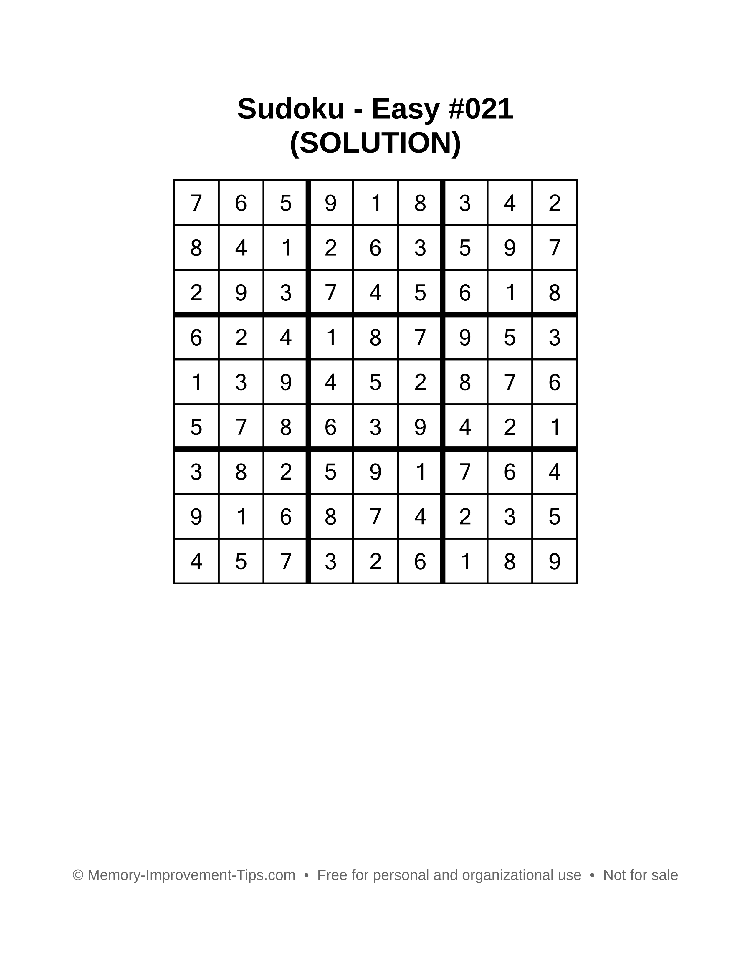 Printable Sudoku solution Easy #021
