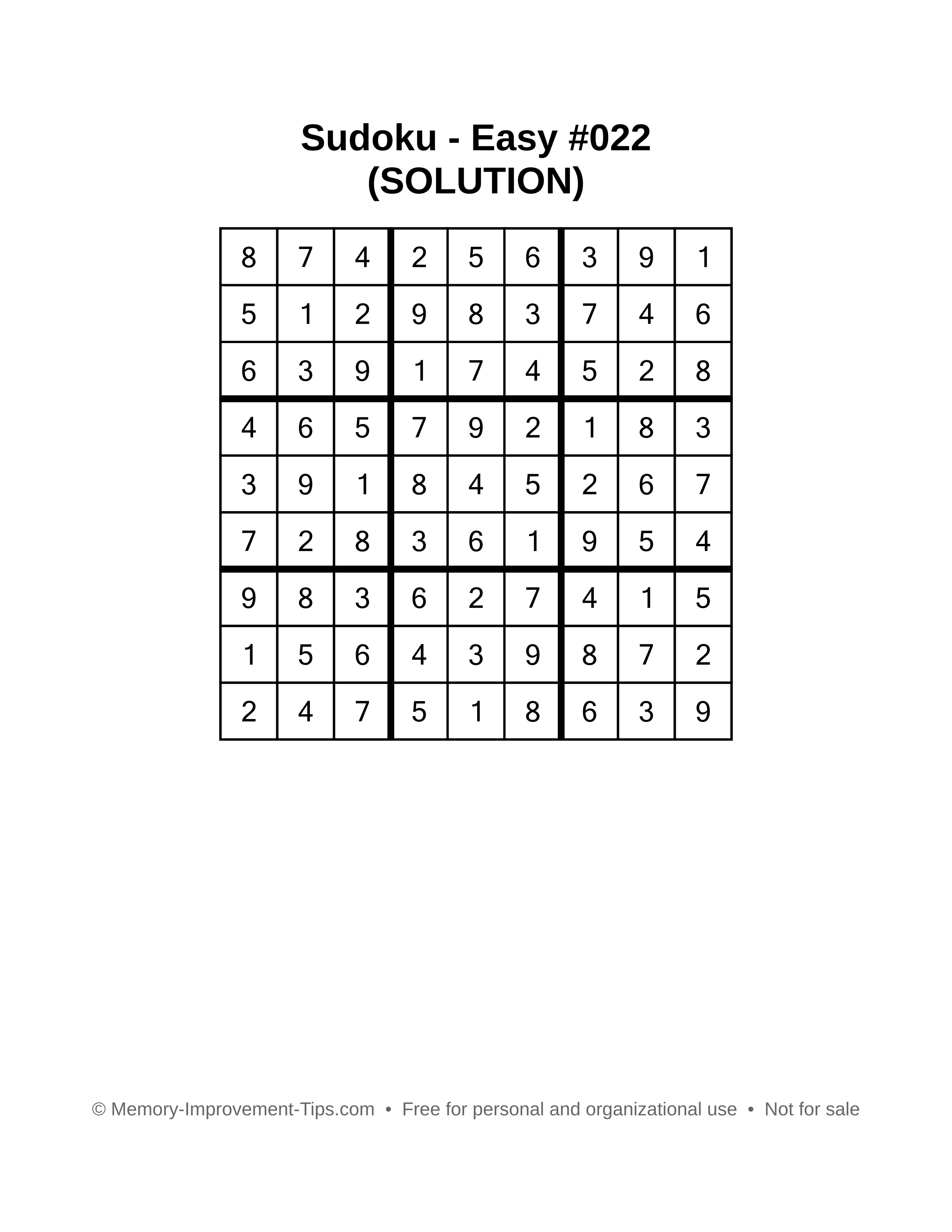 Printable Sudoku solution Easy #022