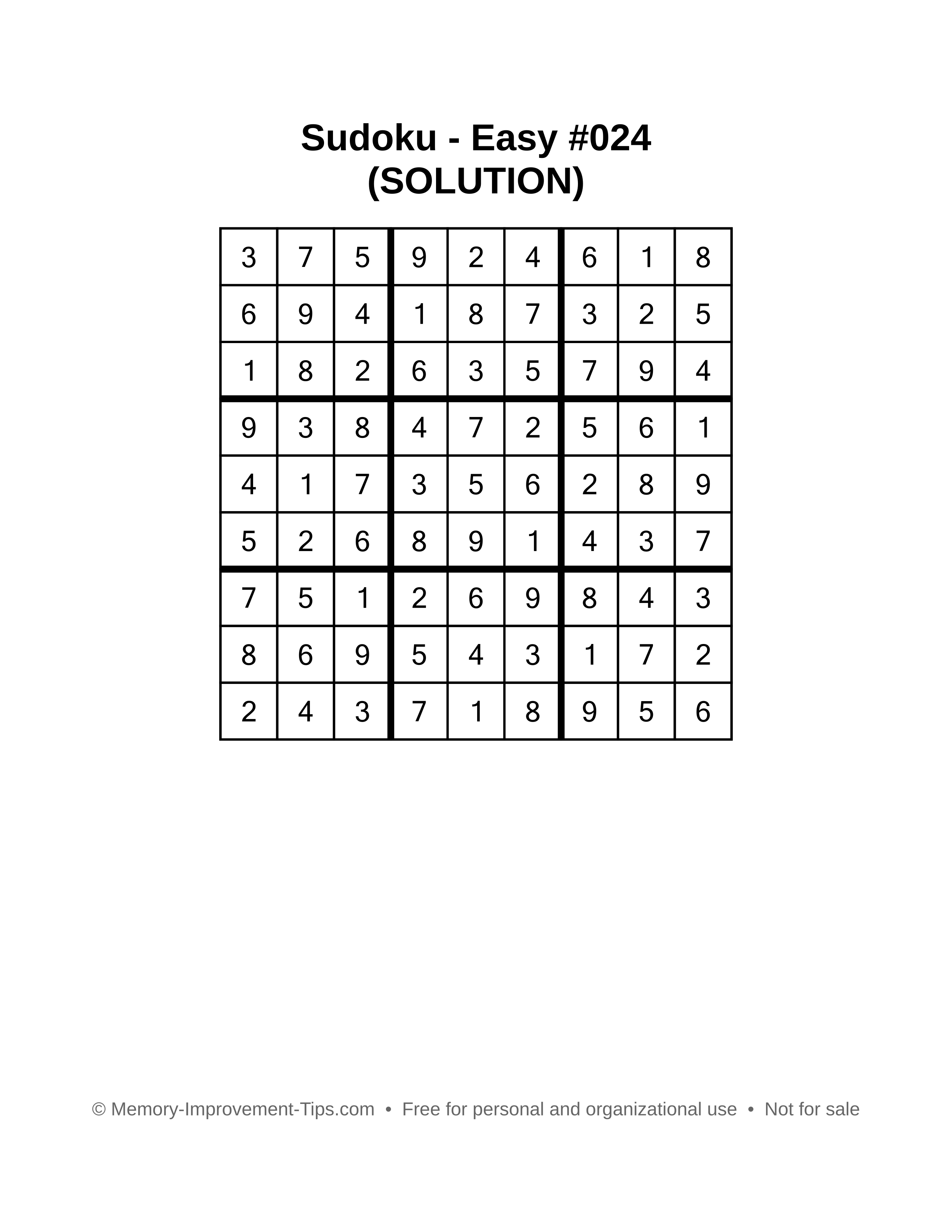 Printable Sudoku solution Easy #024