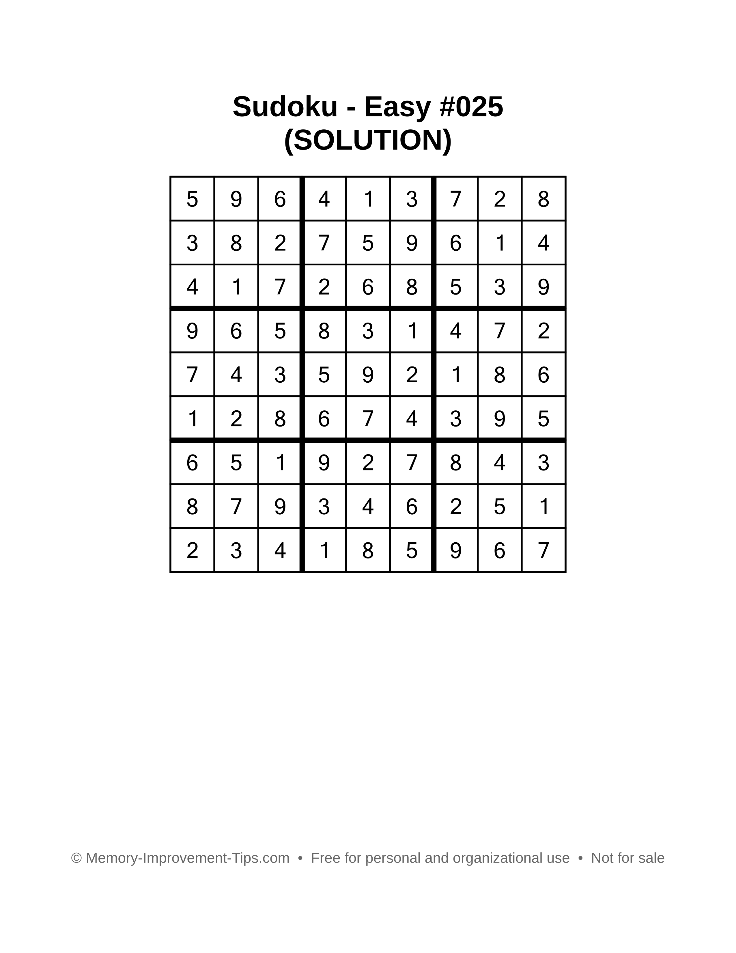 Printable Sudoku solution Easy #025