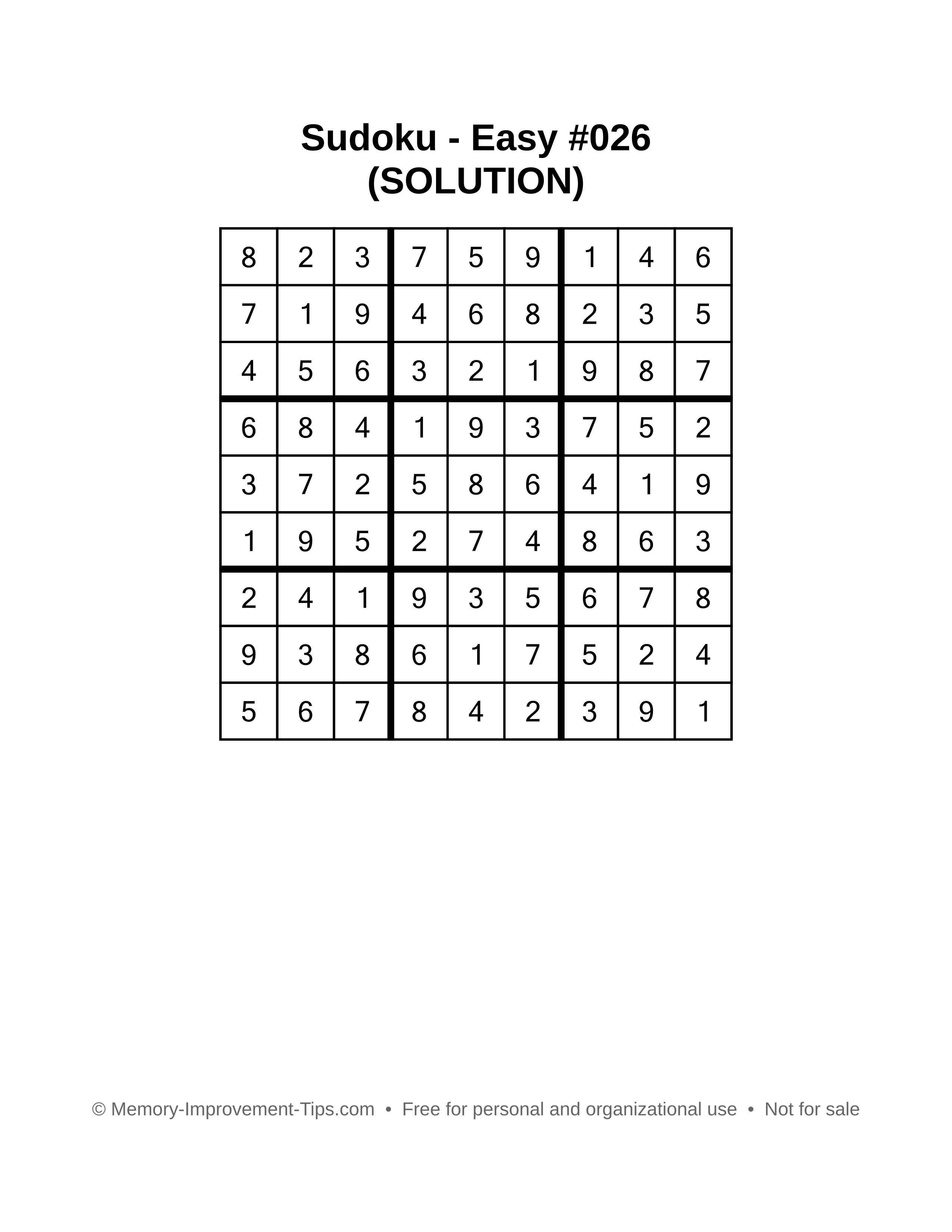 Printable Sudoku solution Easy #026