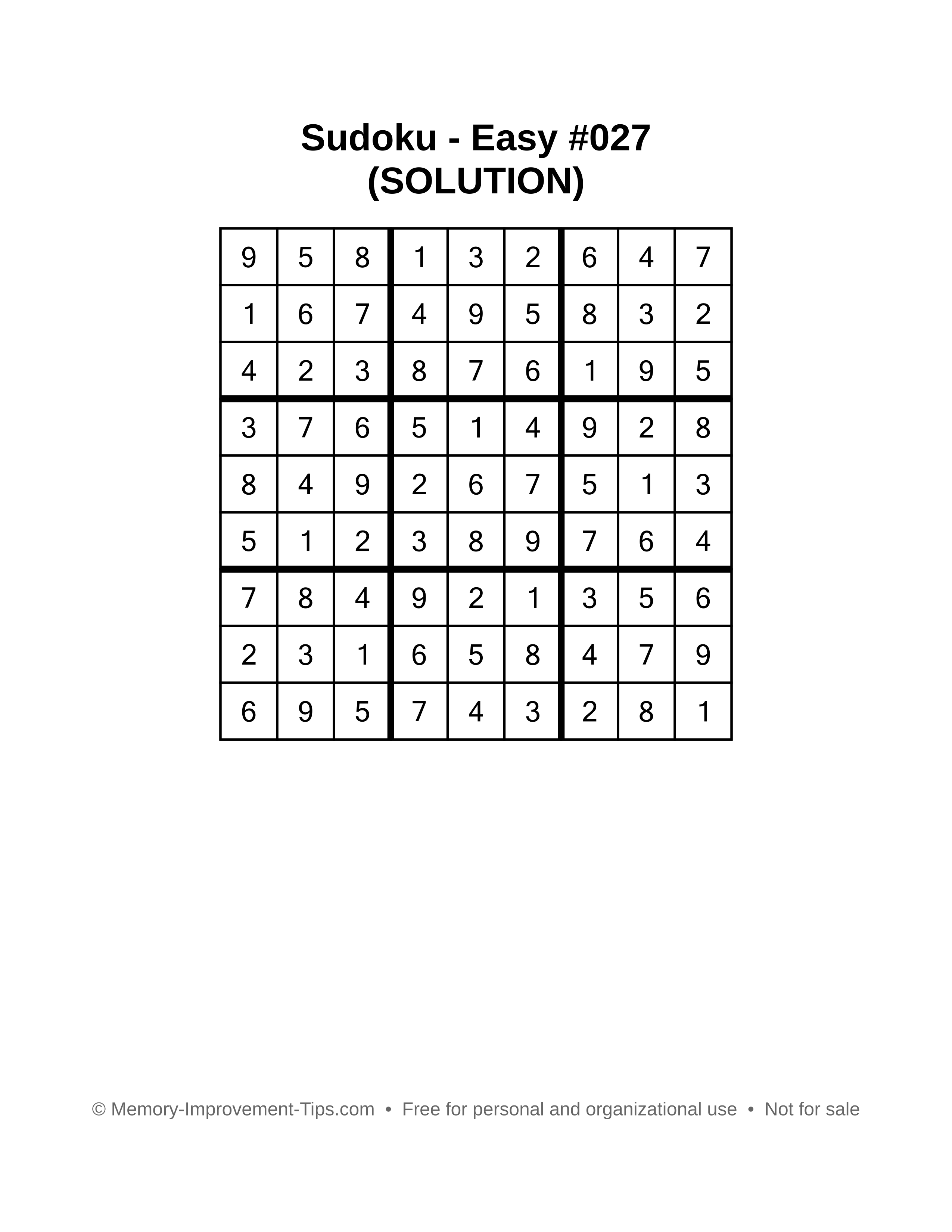 Printable Sudoku solution Easy #027