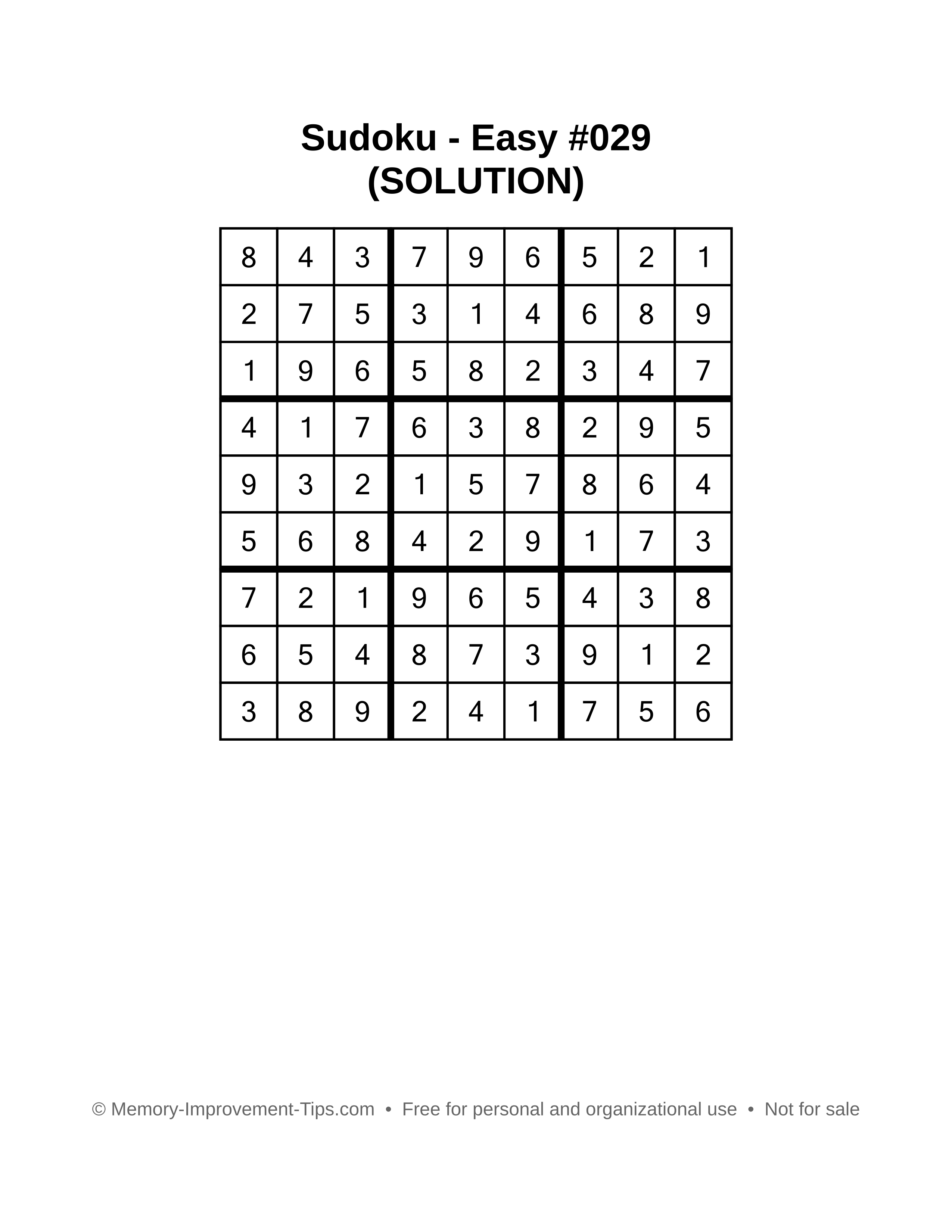 Printable Sudoku solution Easy #029
