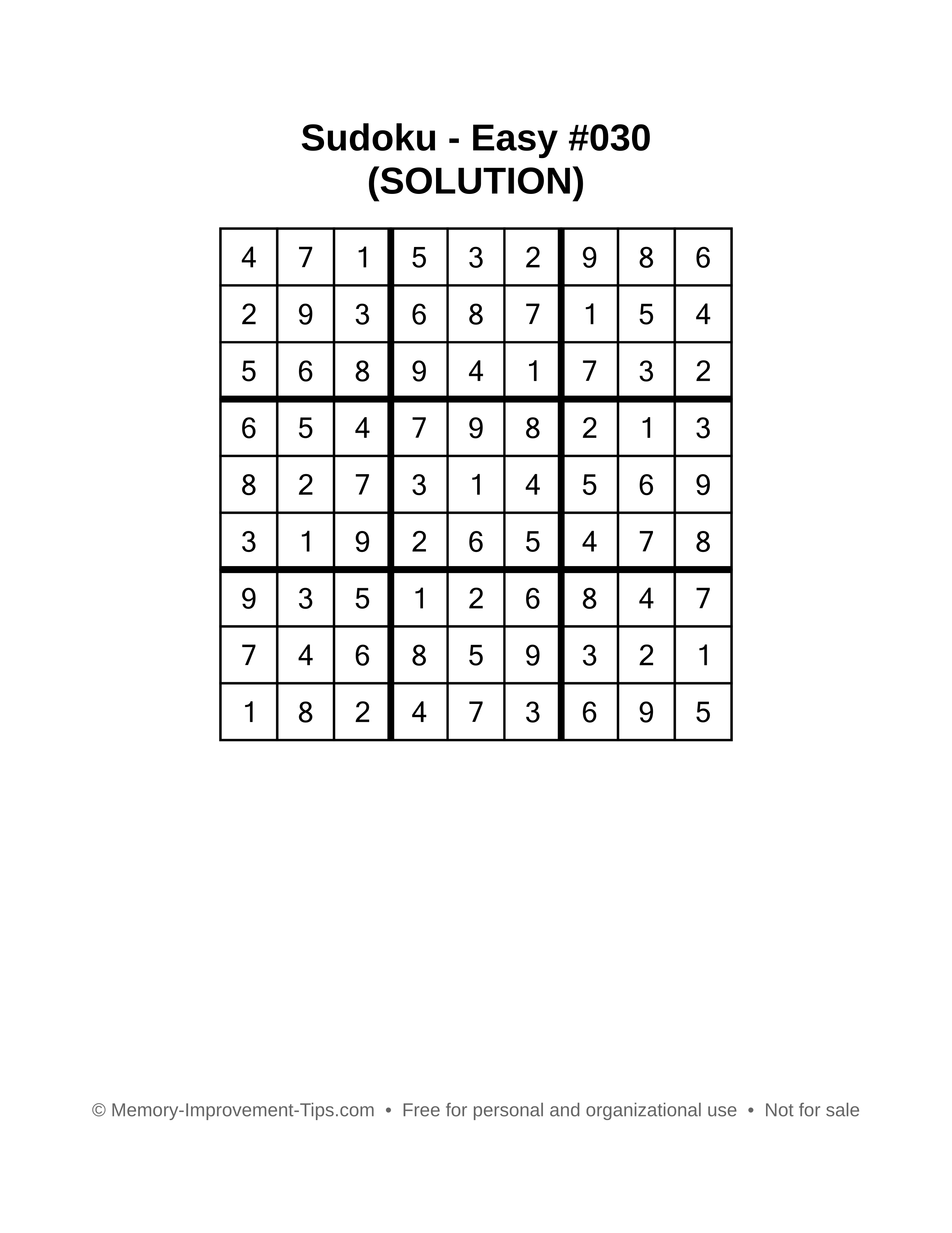 Printable Sudoku solution Easy #030