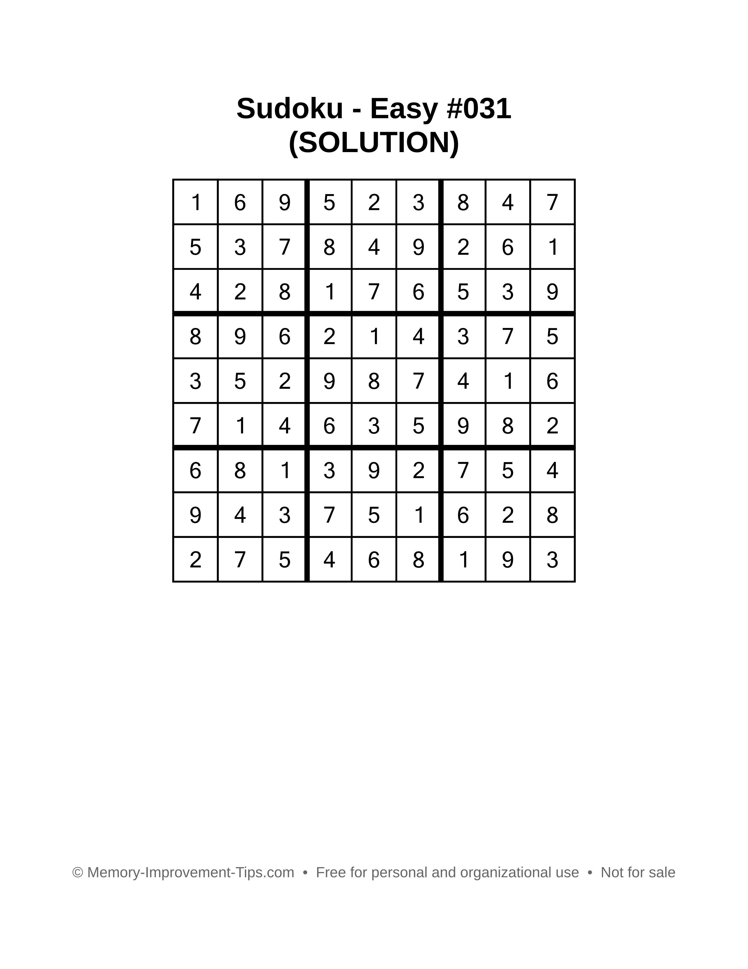 Printable Sudoku solution Easy #031