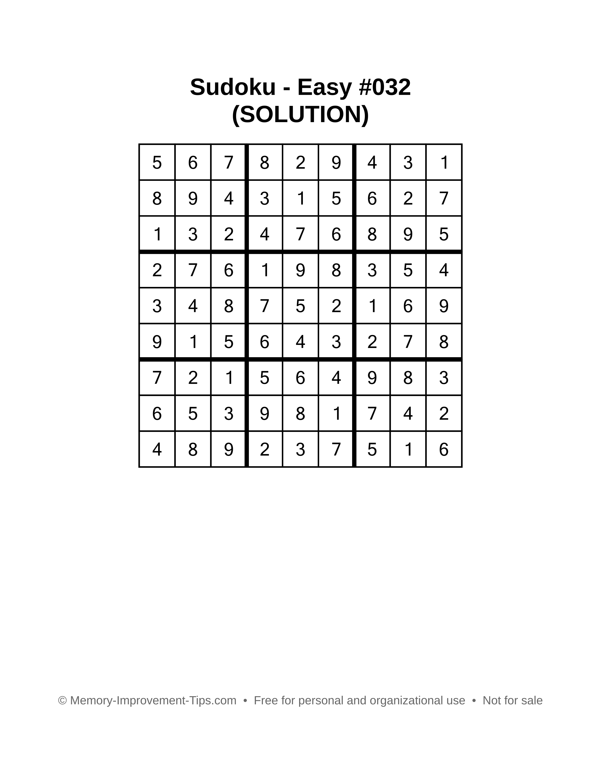 Printable Sudoku solution Easy #032