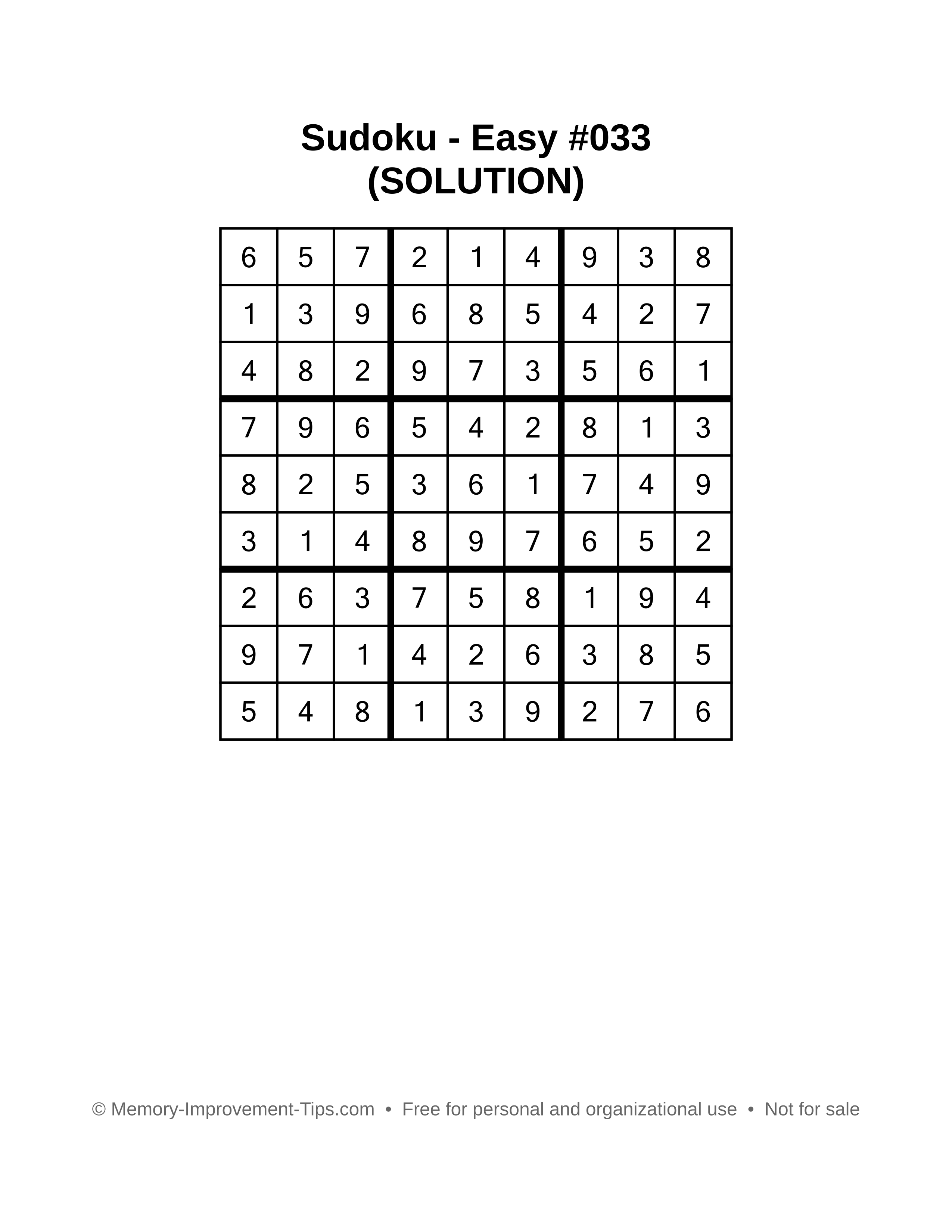 Printable Sudoku solution Easy #033