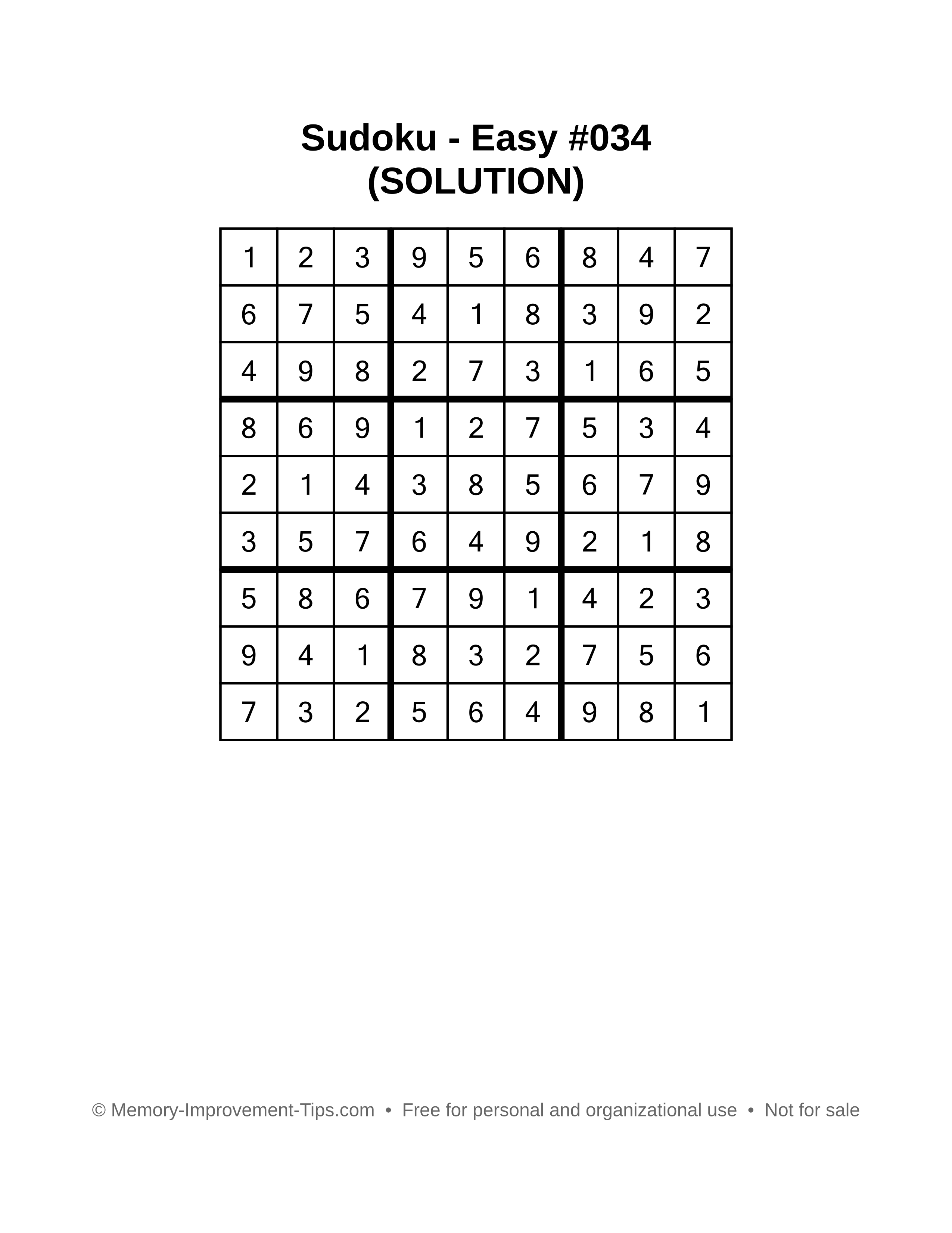 Printable Sudoku solution Easy #034