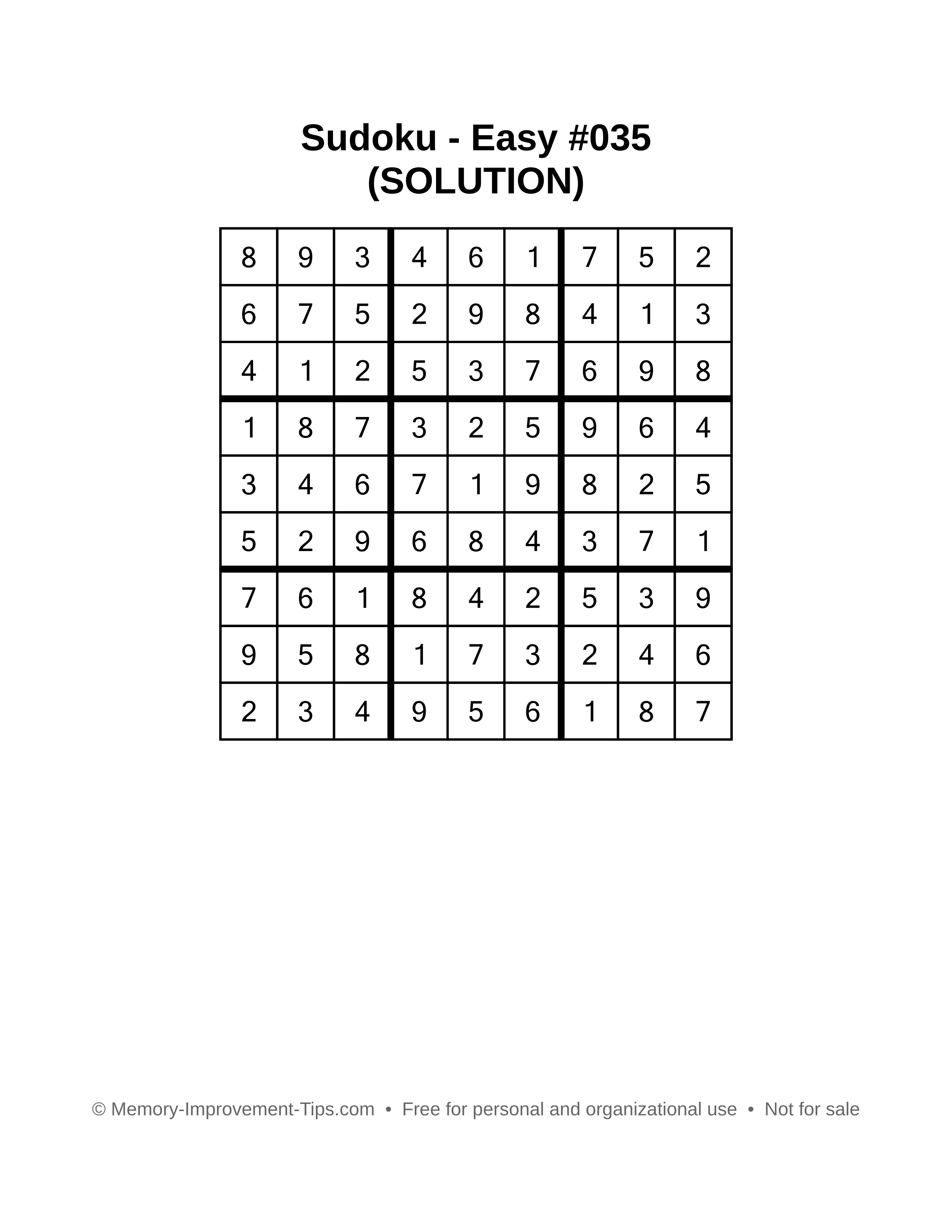 Printable Sudoku solution Easy #035