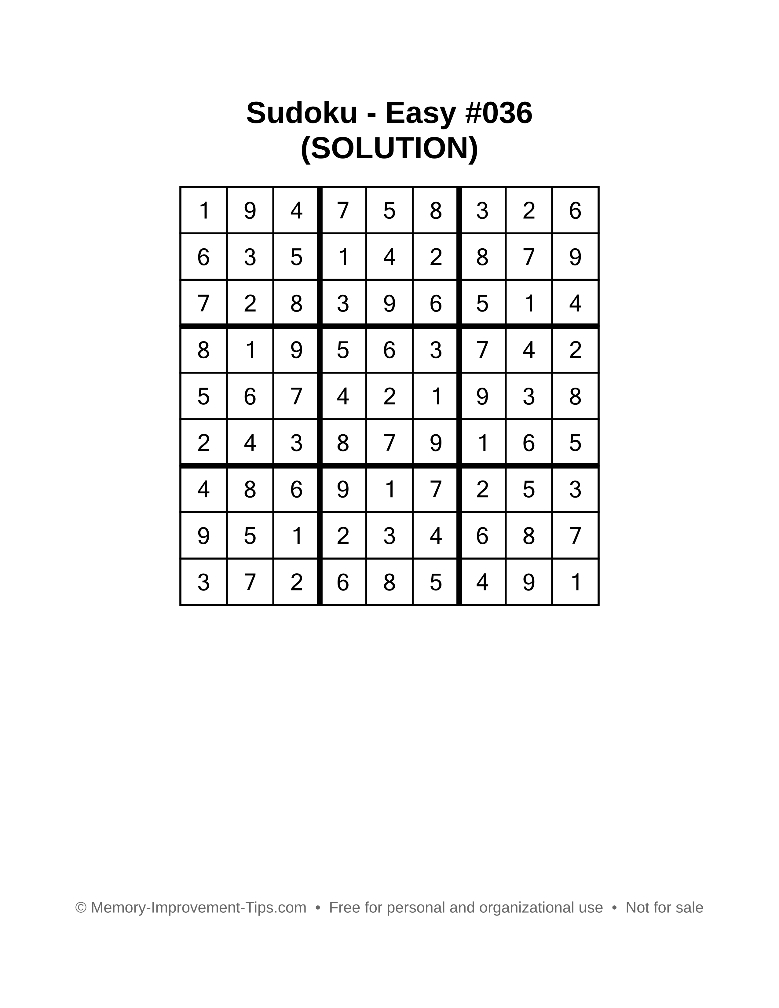 Printable Sudoku solution Easy #036
