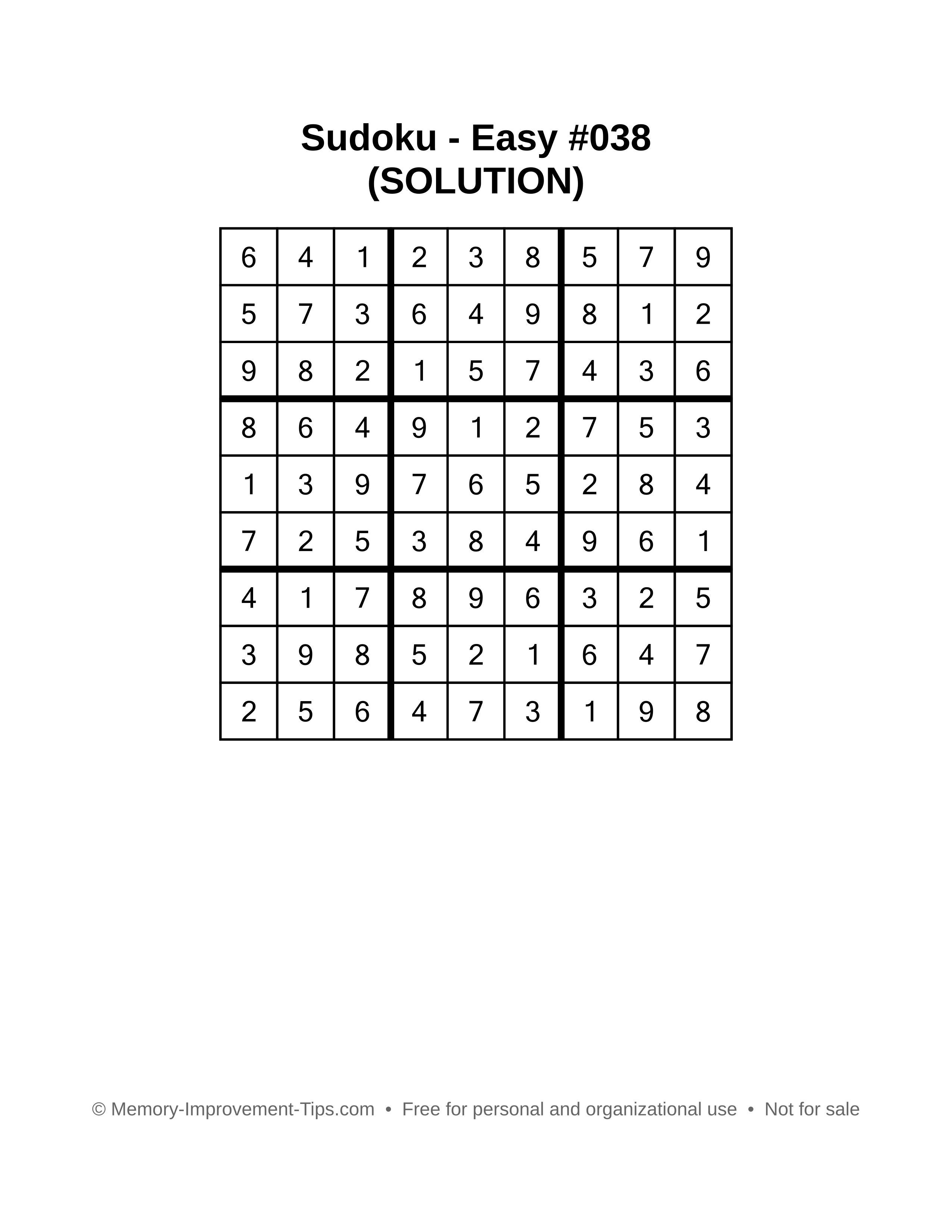 Printable Sudoku solution Easy #038