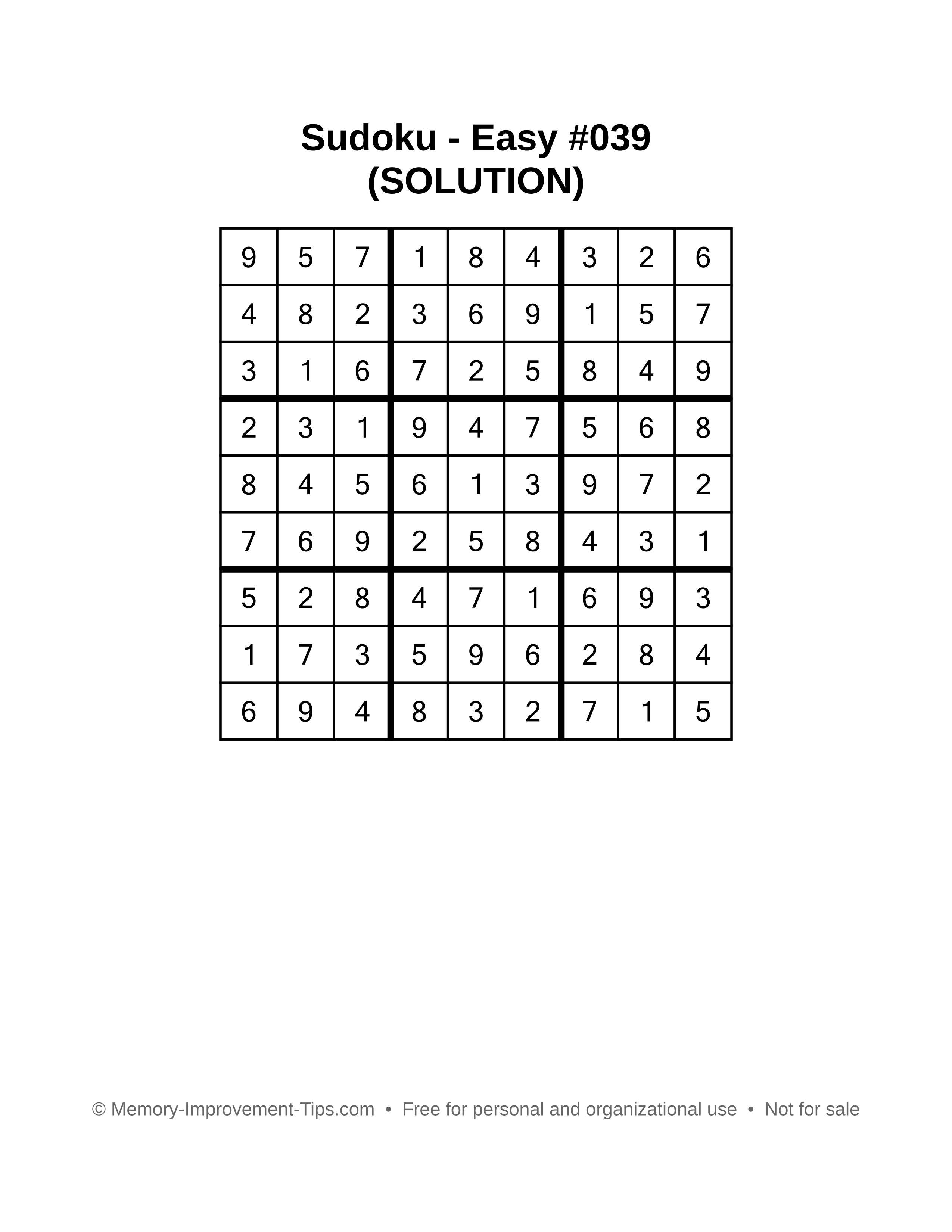 Printable Sudoku solution Easy #039
