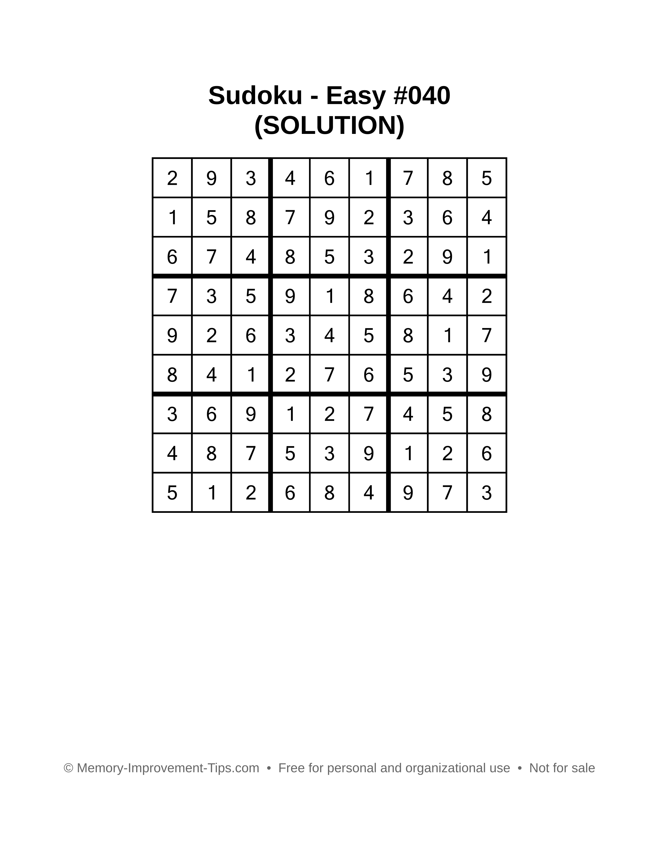 Printable Sudoku solution Easy #040