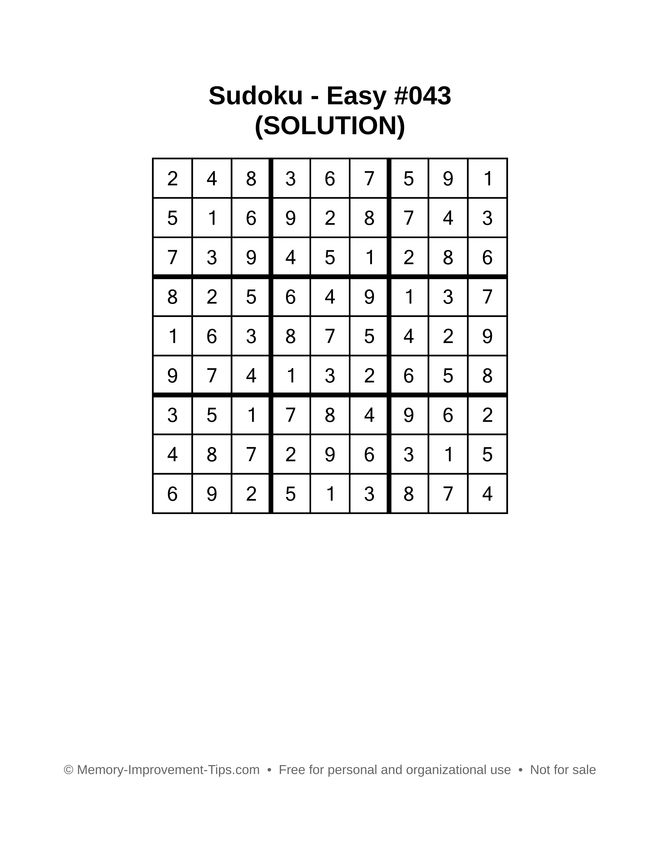 Printable Sudoku solution Easy #043