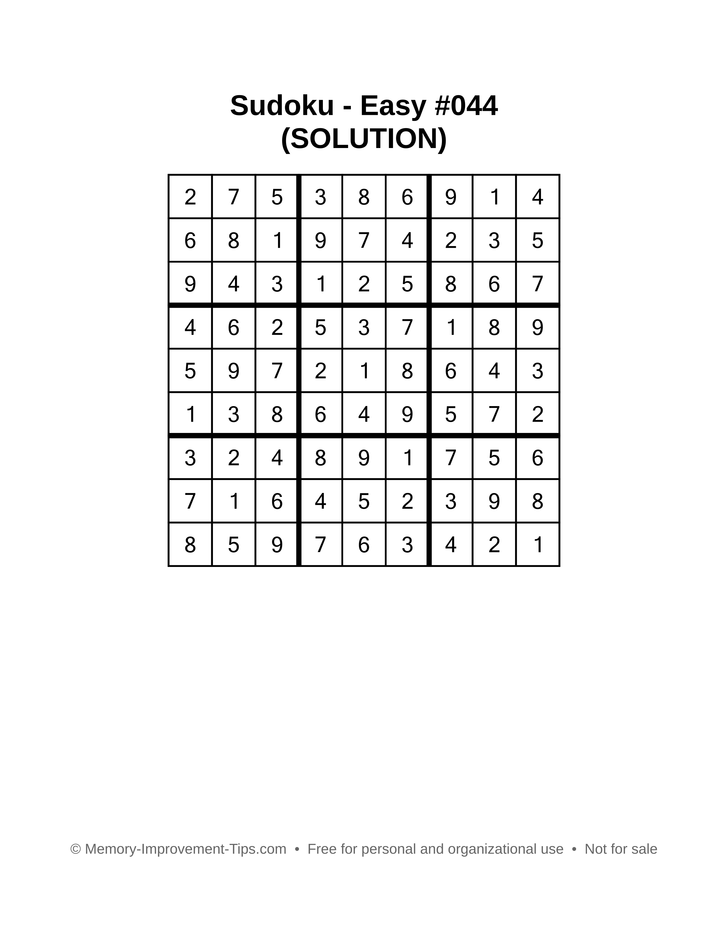 Printable Sudoku solution Easy #044