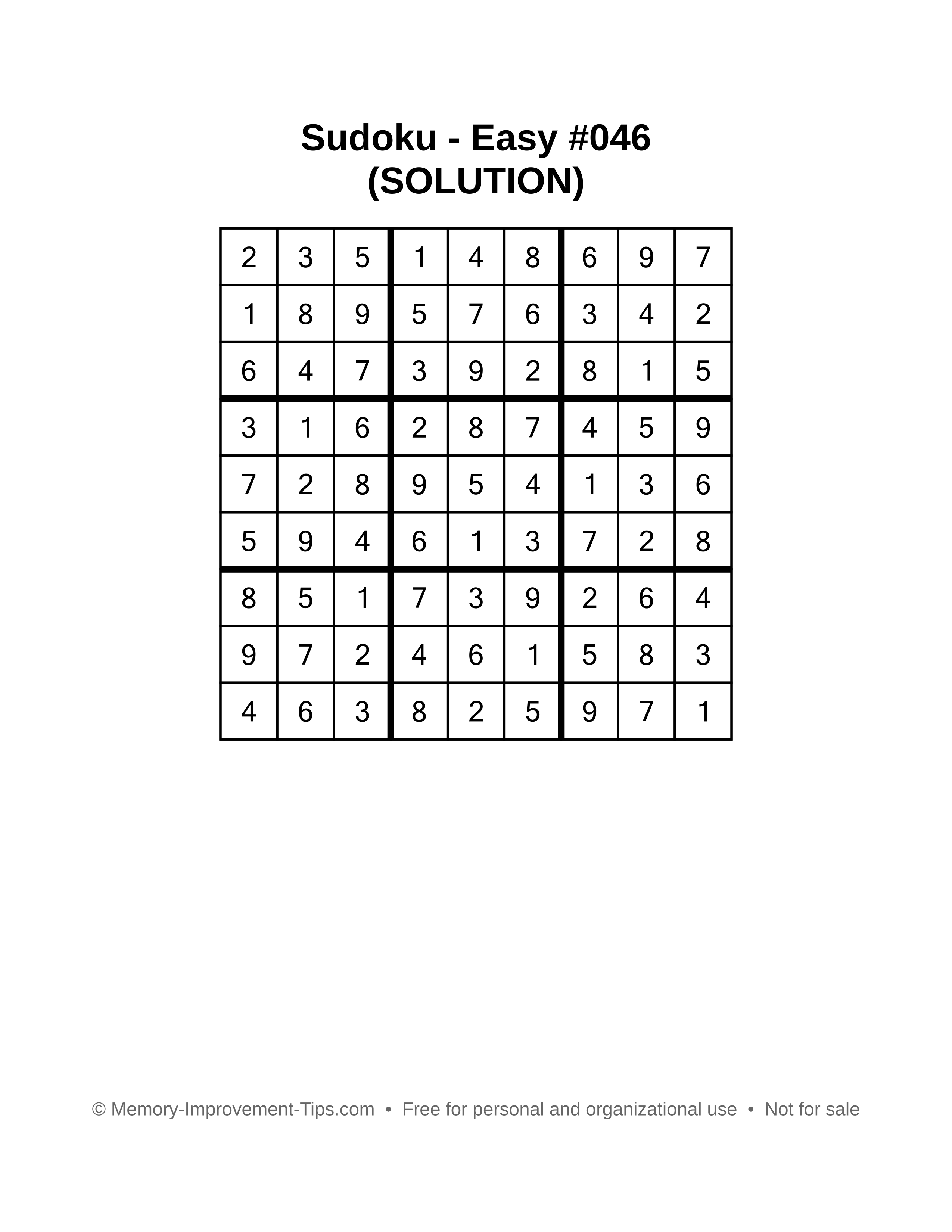 Printable Sudoku solution Easy #046
