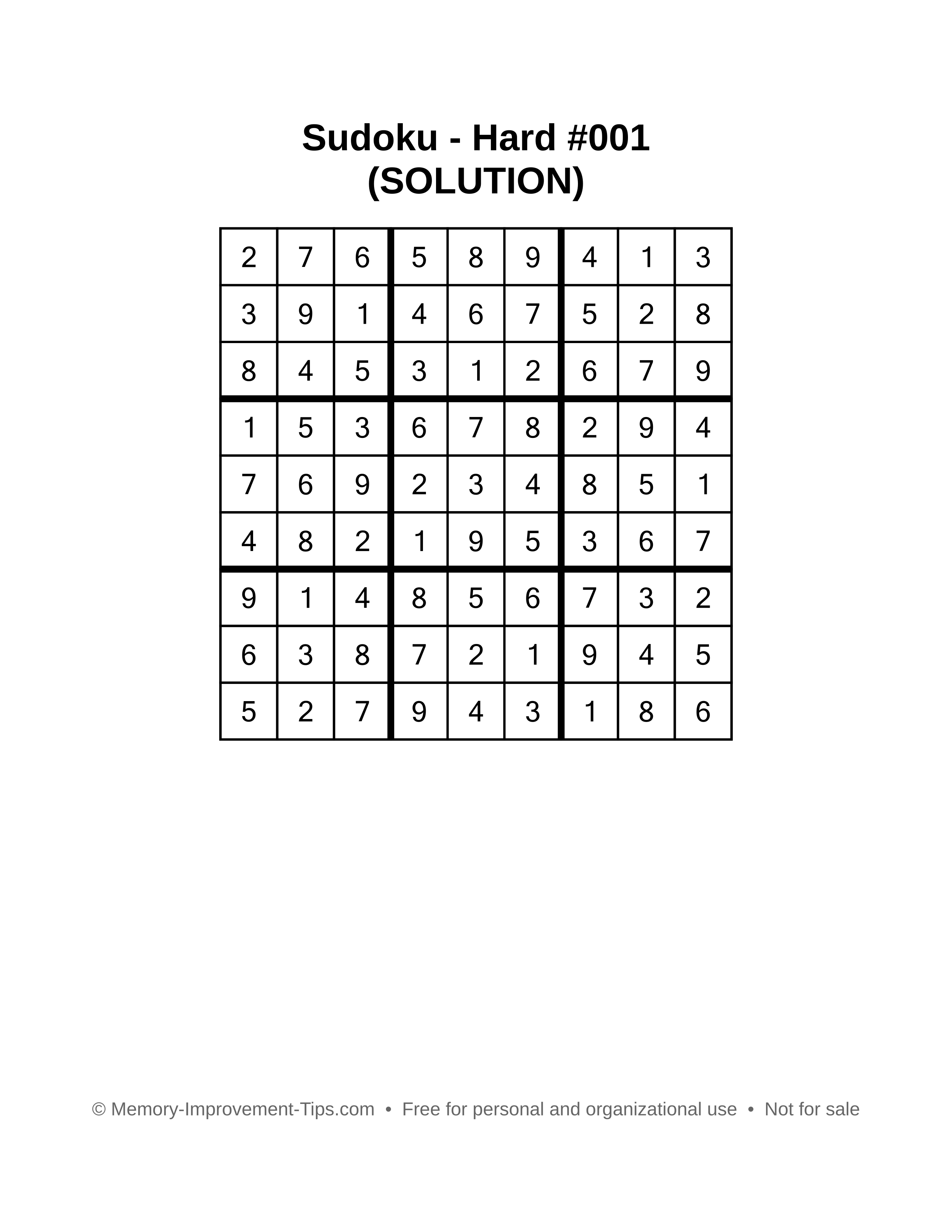 Printable Sudoku solution Hard #001