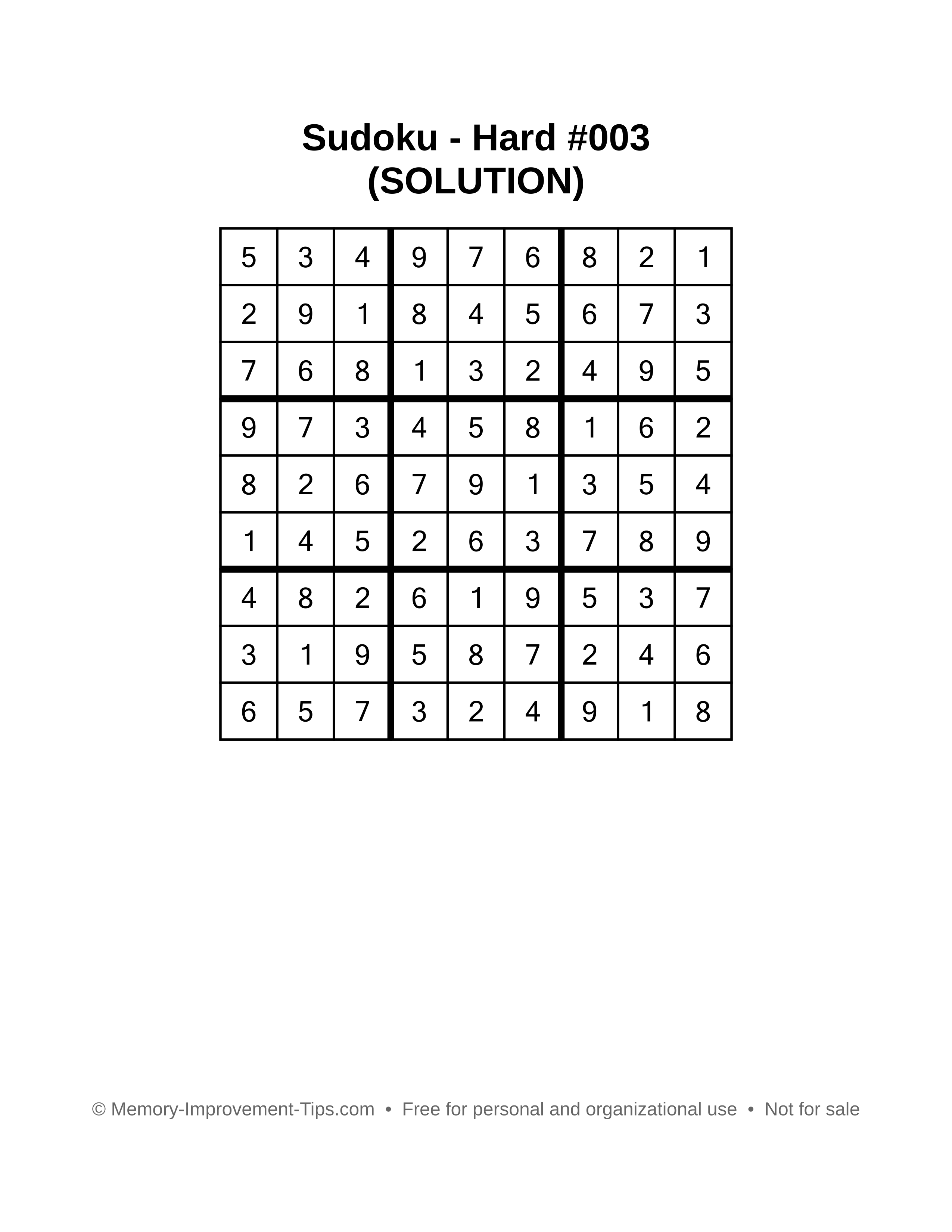 Printable Sudoku solution Hard #003