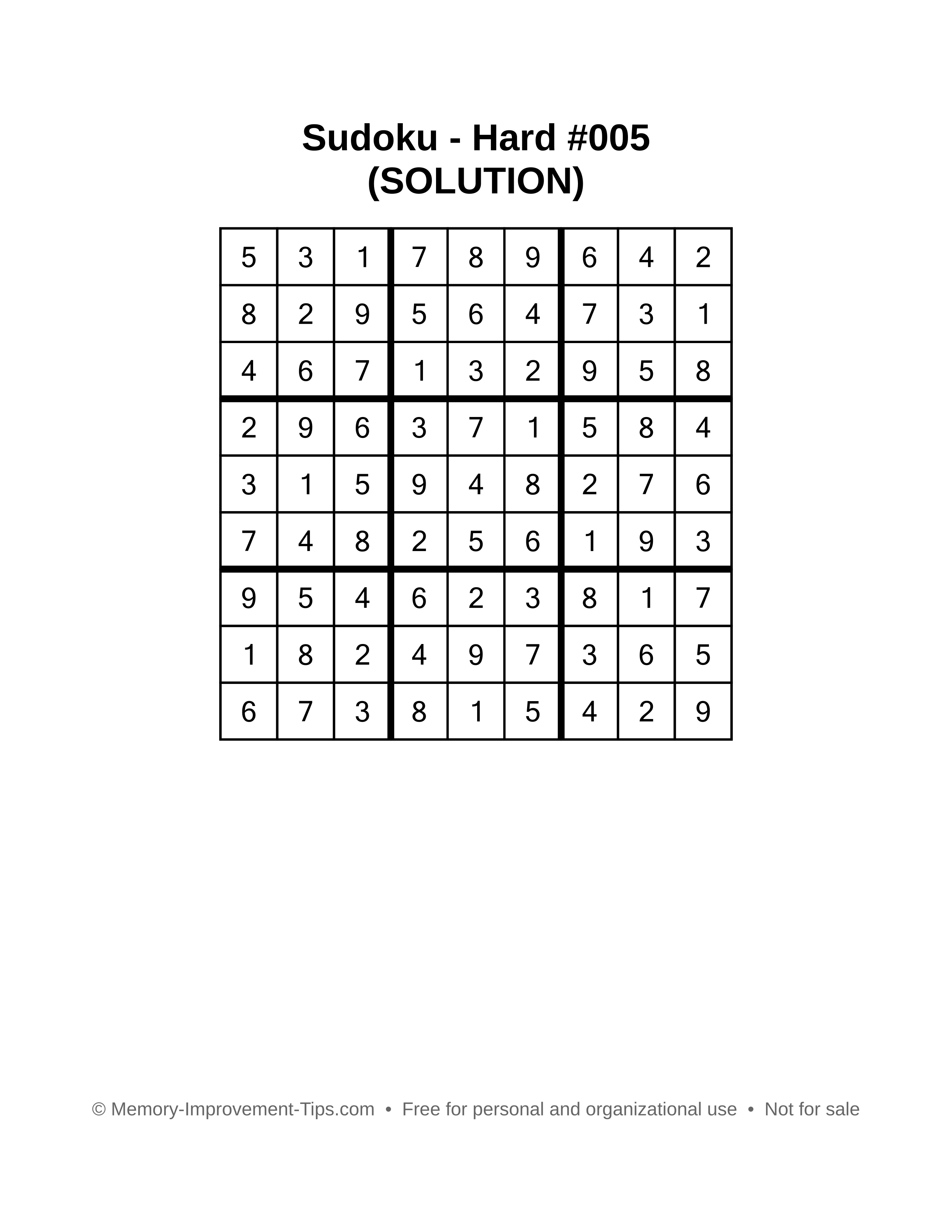 Printable Sudoku solution Hard #005