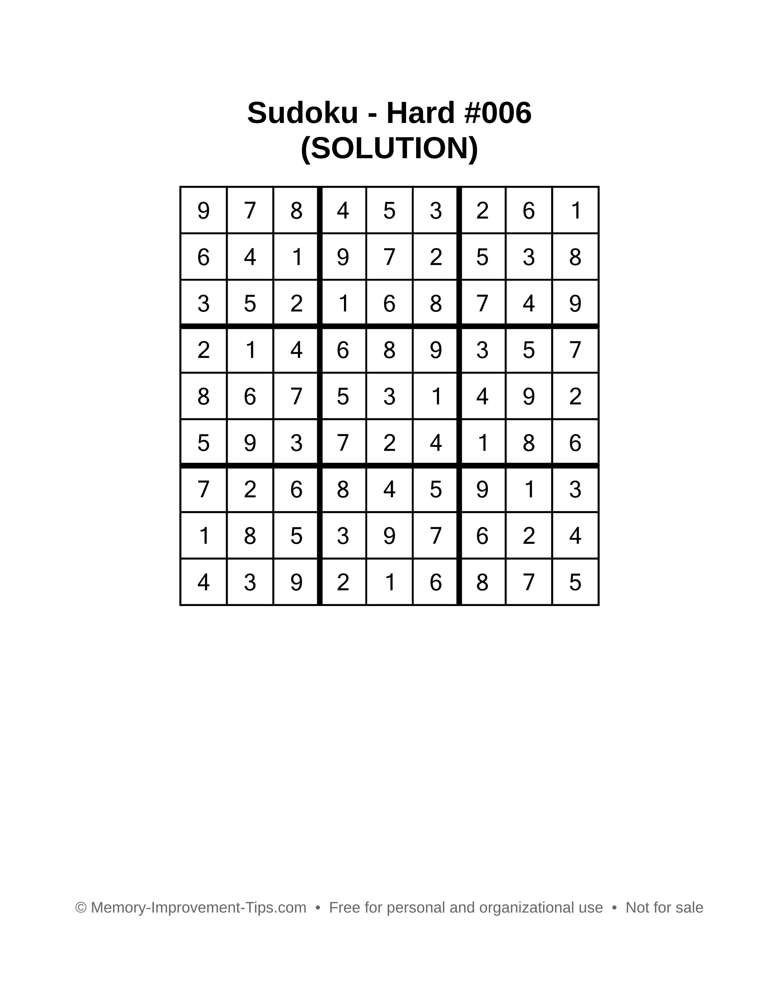 Printable Sudoku solution Hard #006