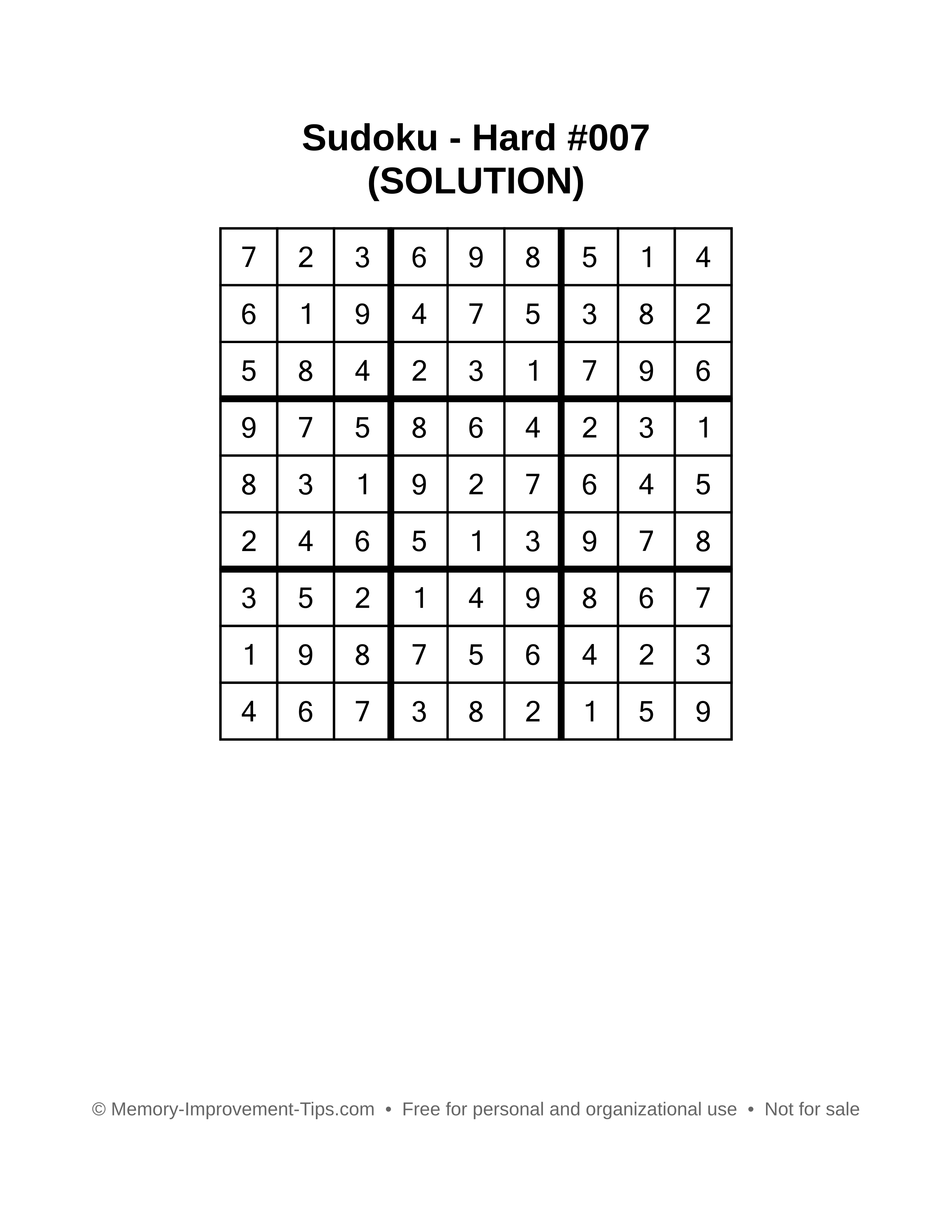 Printable Sudoku solution Hard #007