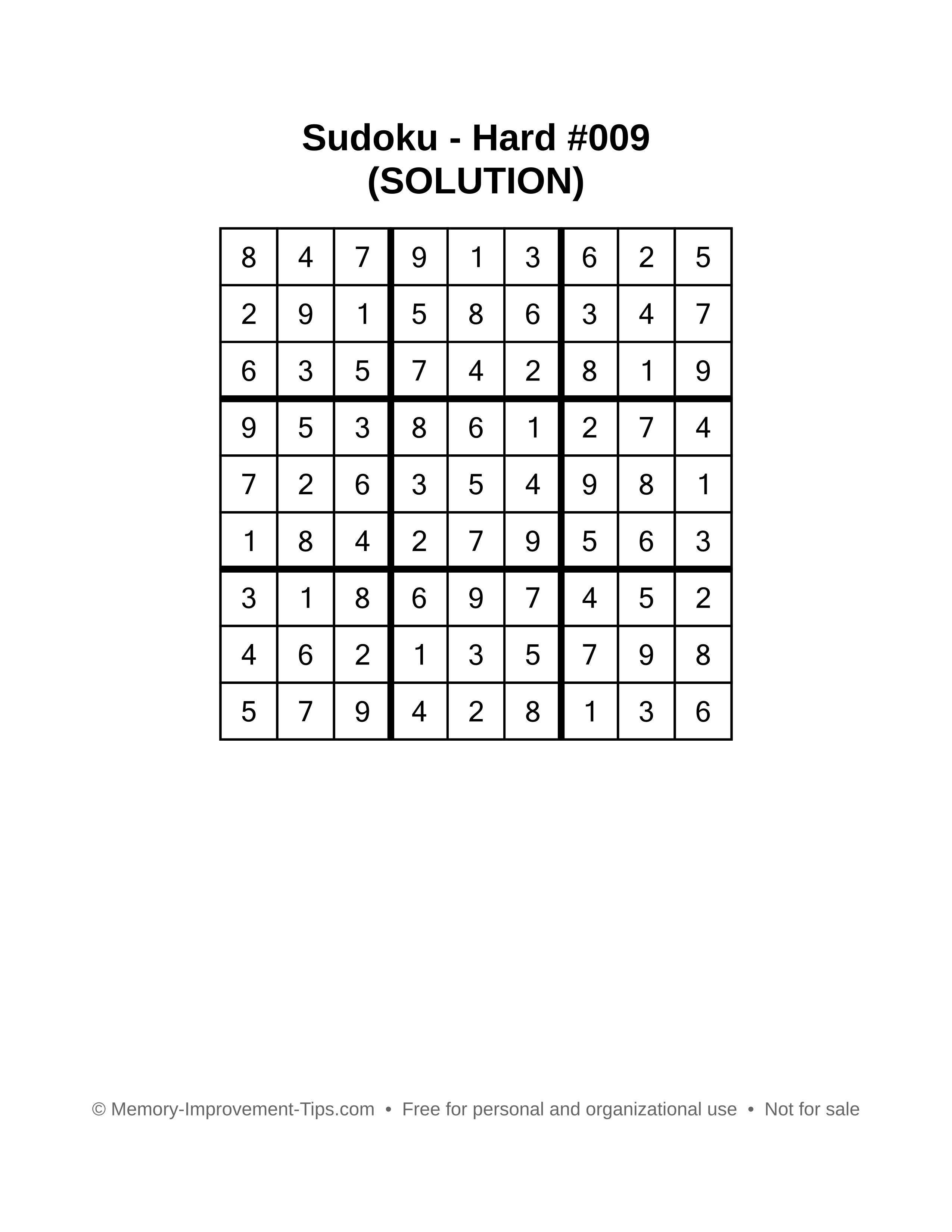 Printable Sudoku solution Hard #009