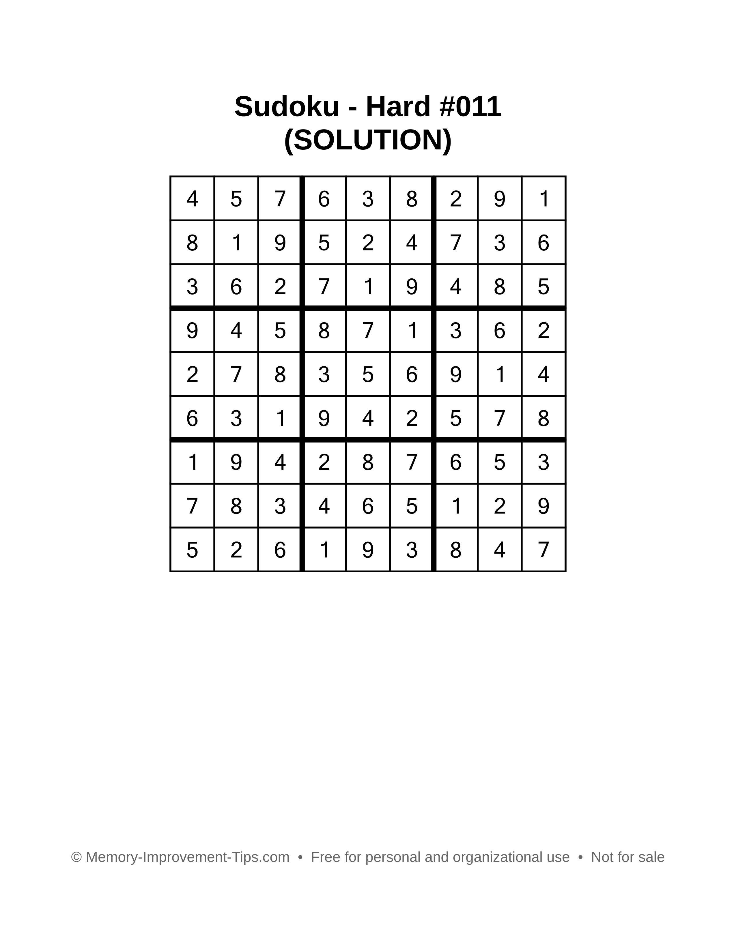 Printable Sudoku solution Hard #011