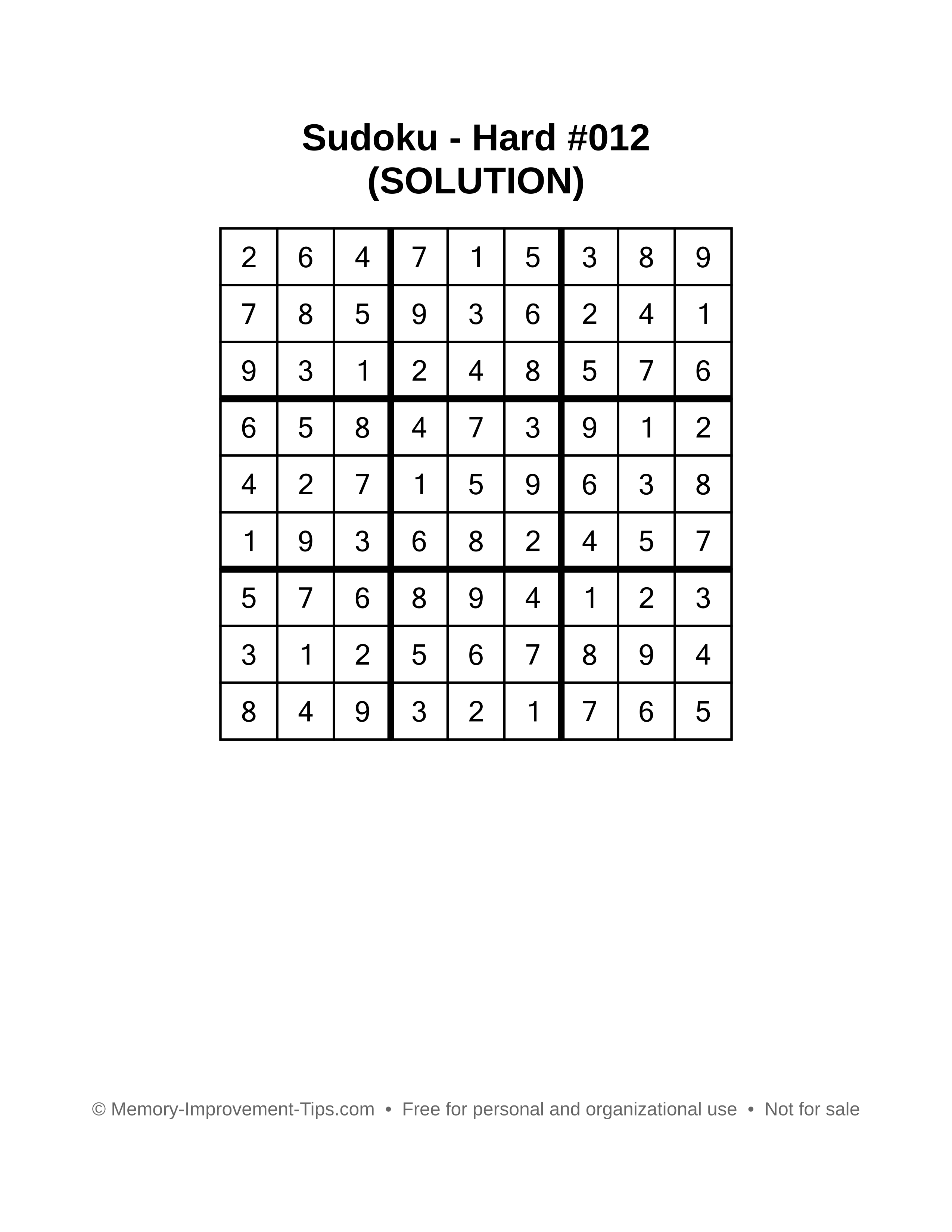 Printable Sudoku solution Hard #012