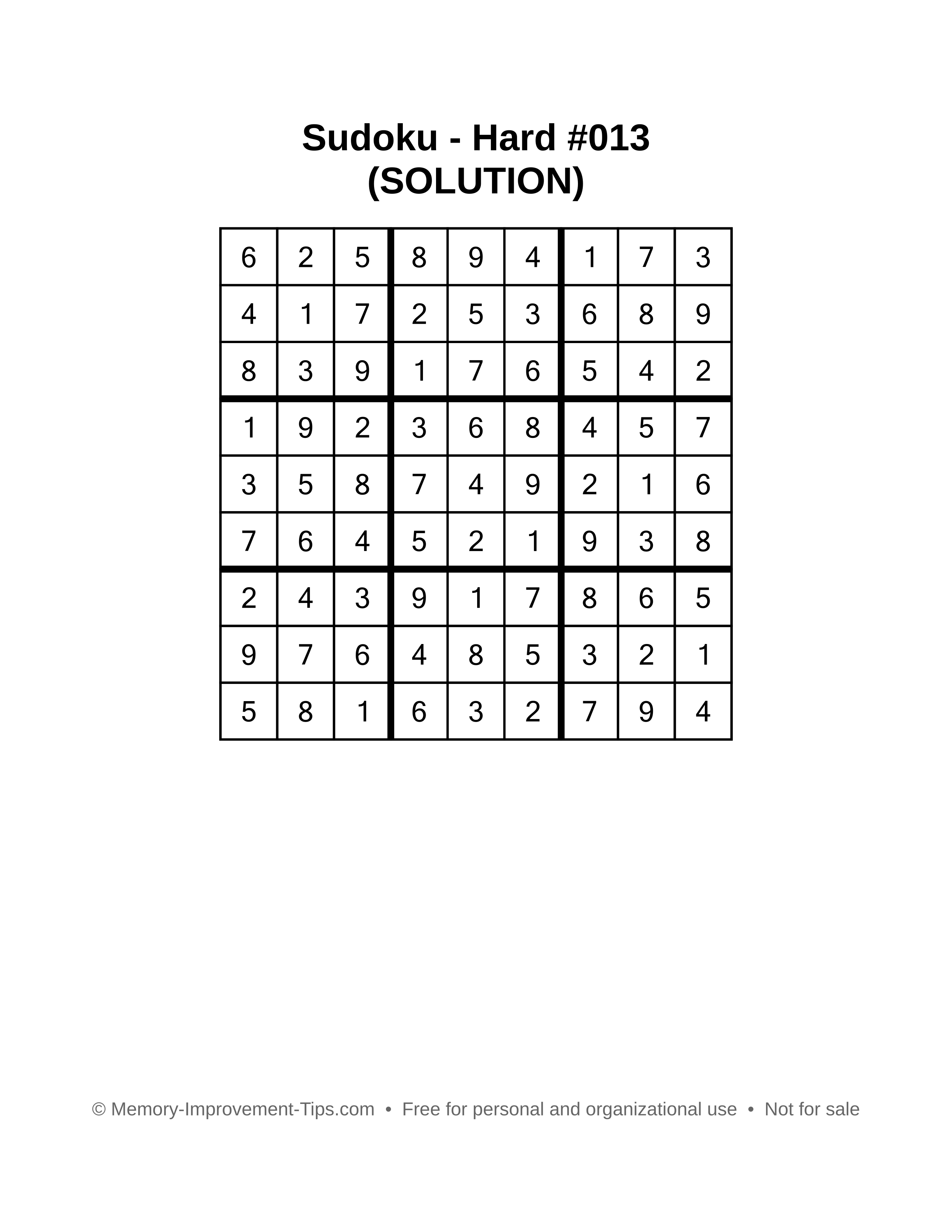 Printable Sudoku solution Hard #013