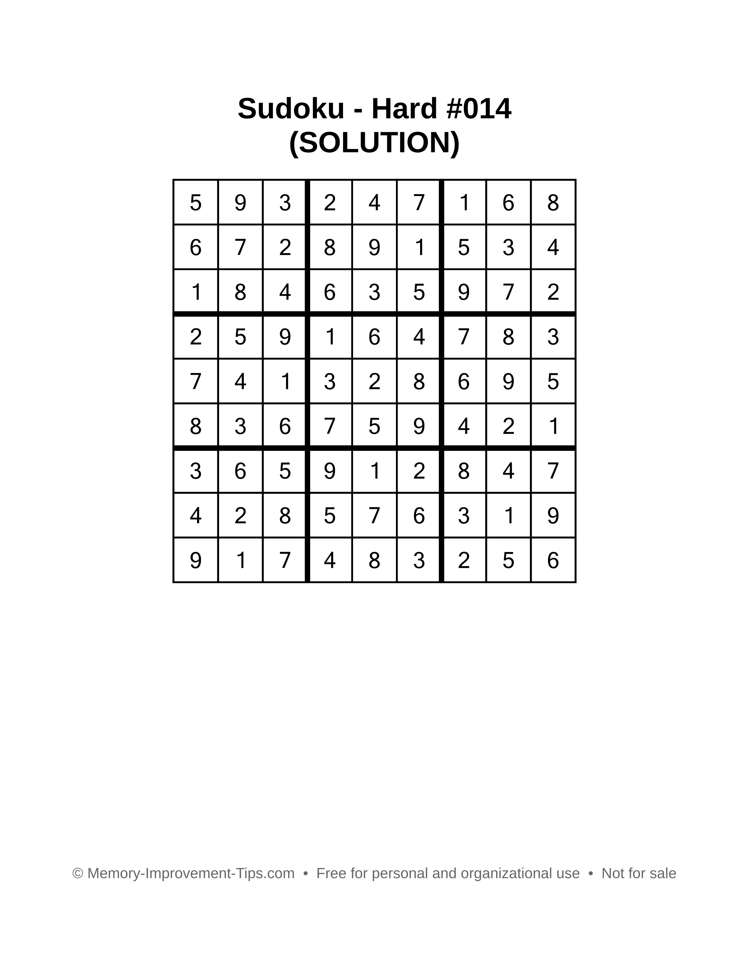 Printable Sudoku solution Hard #014