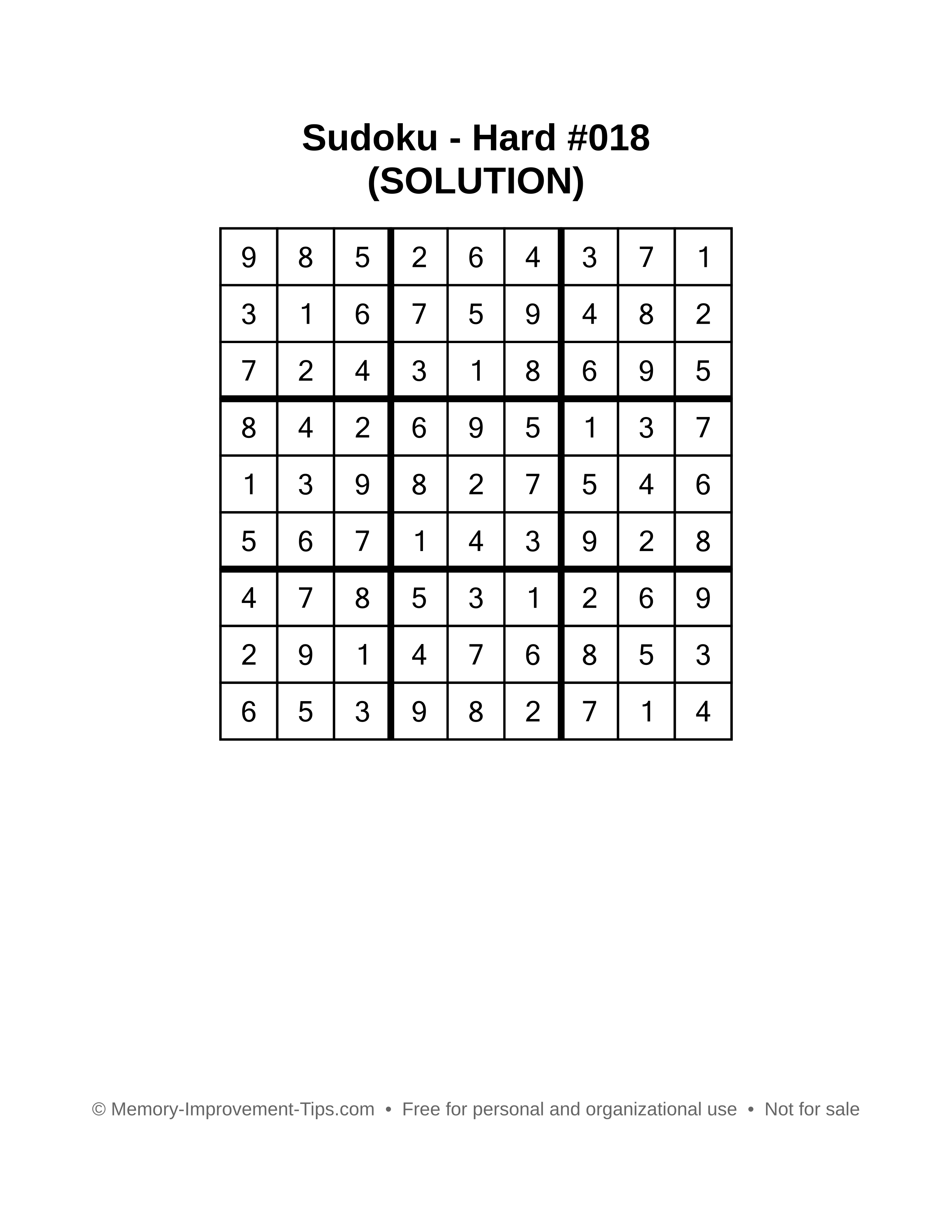 Printable Sudoku solution Hard #018