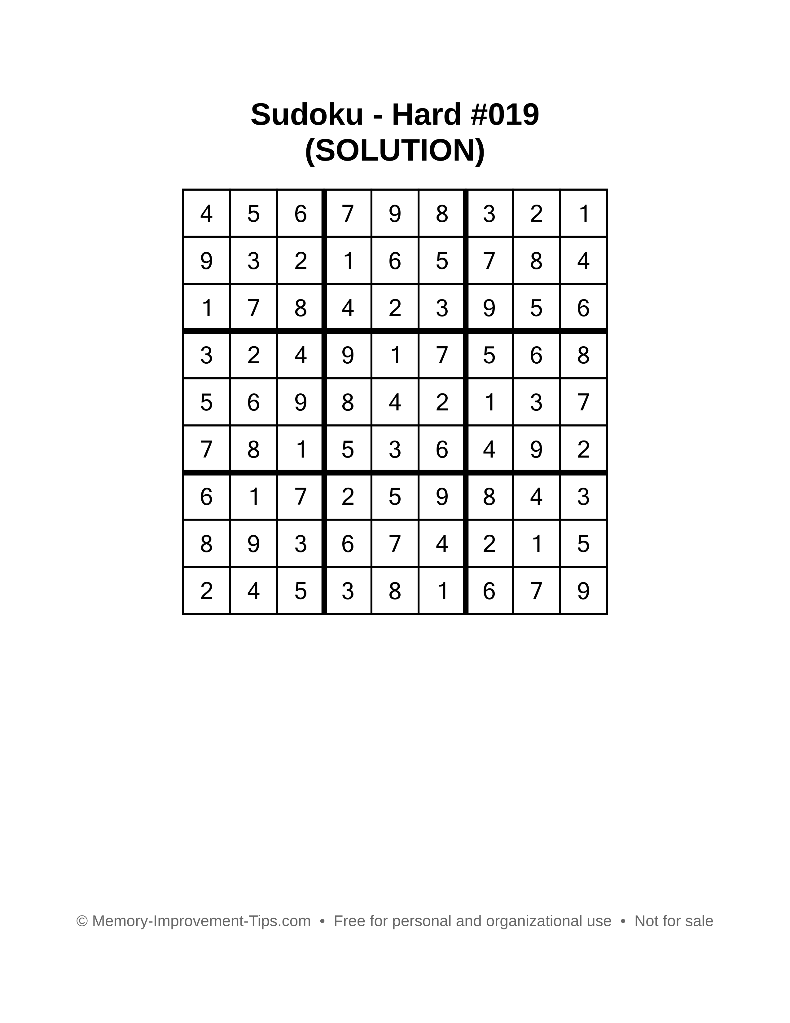 Printable Sudoku solution Hard #019