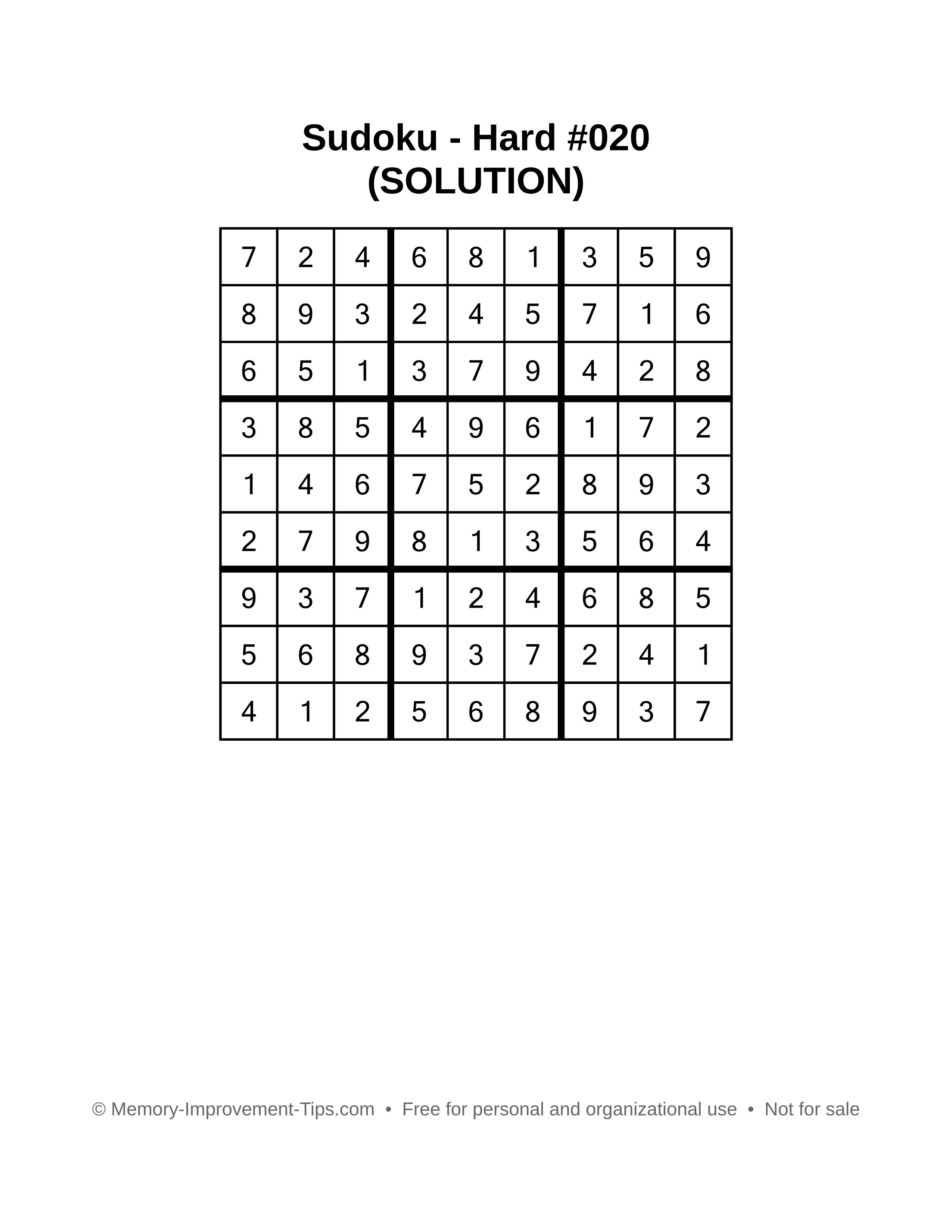 Printable Sudoku solution Hard #020