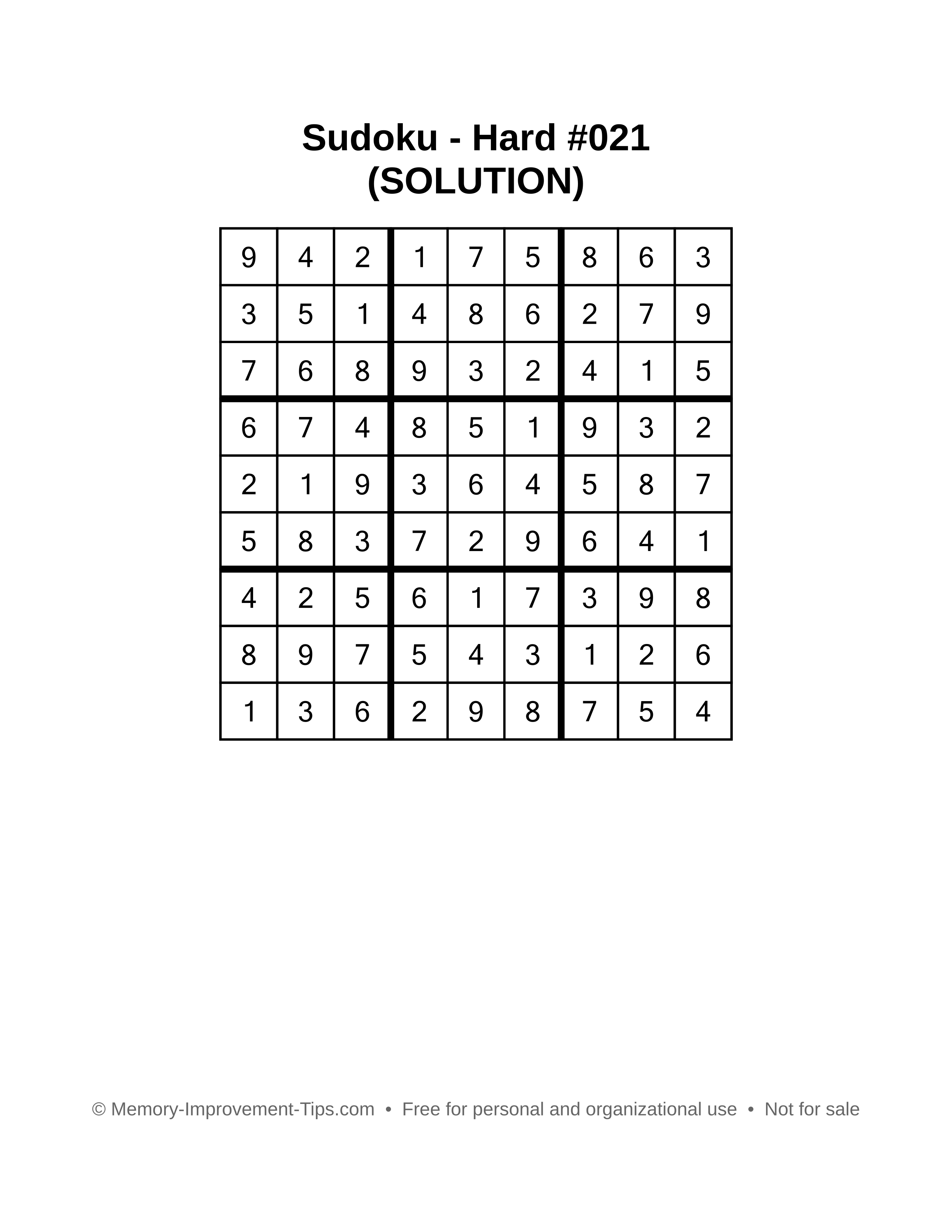 Printable Sudoku solution Hard #021