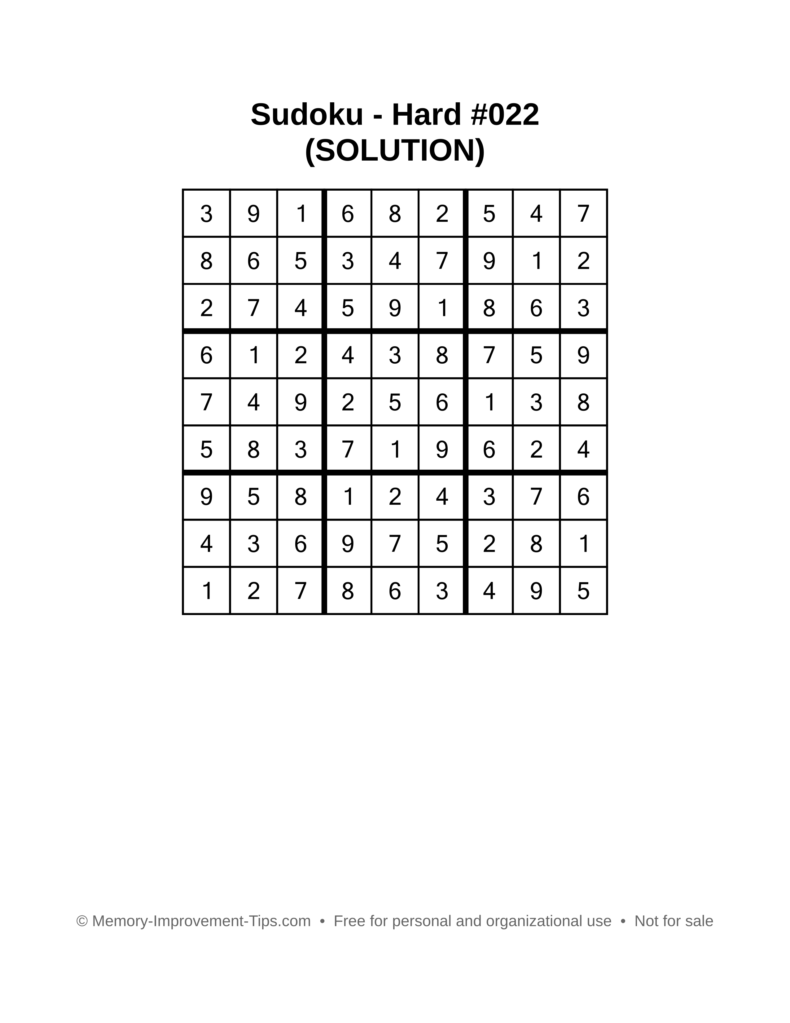 Printable Sudoku solution Hard #022
