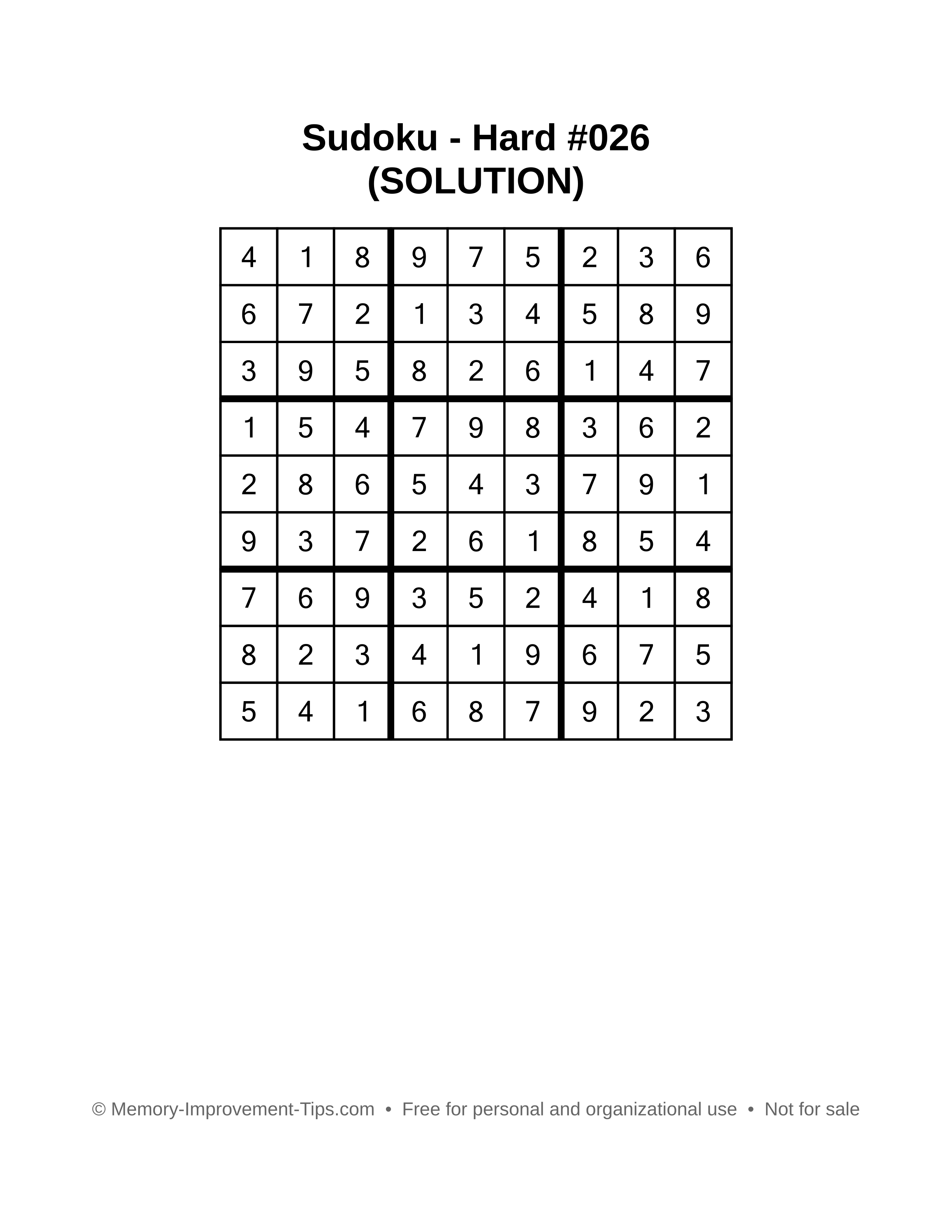 Printable Sudoku solution Hard #026