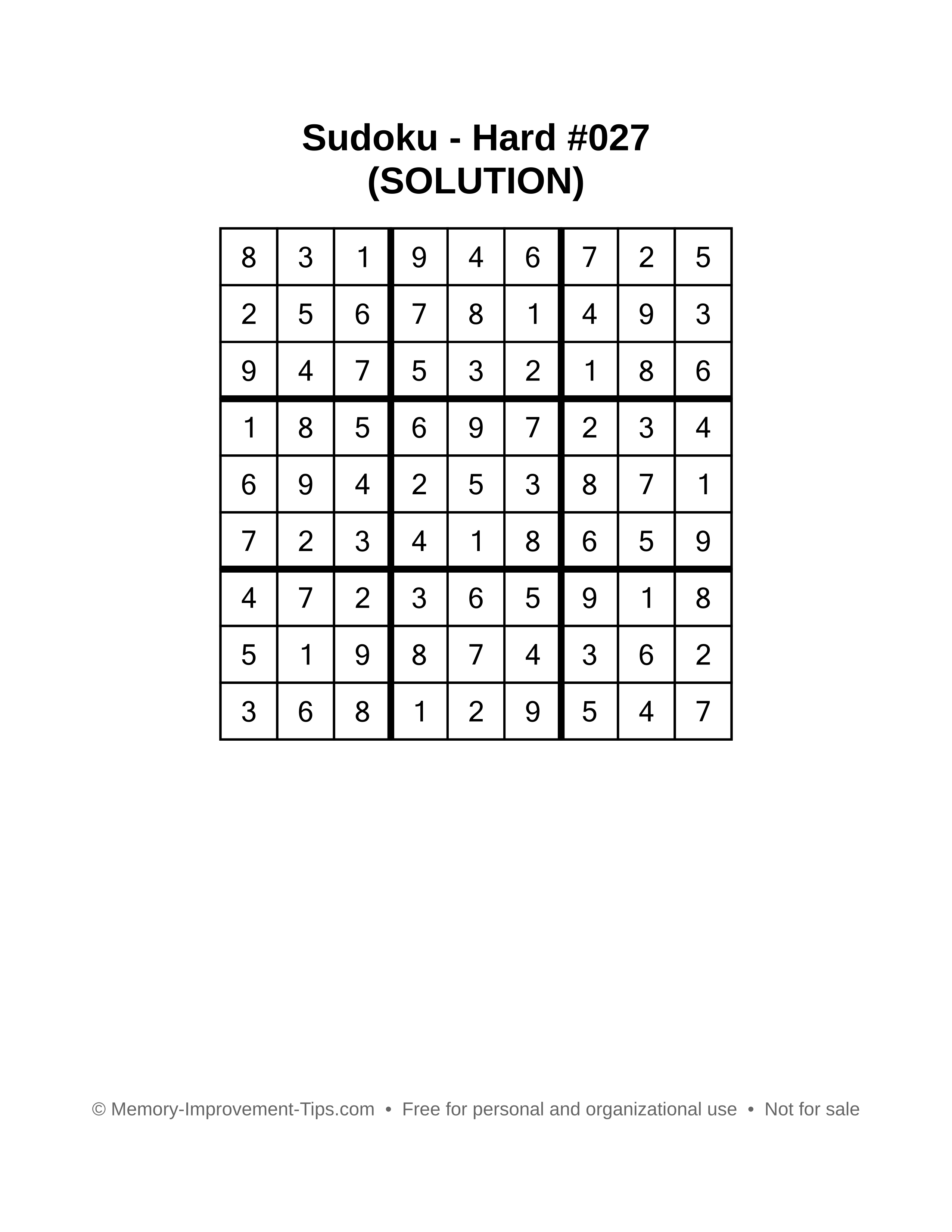 Printable Sudoku solution Hard #027