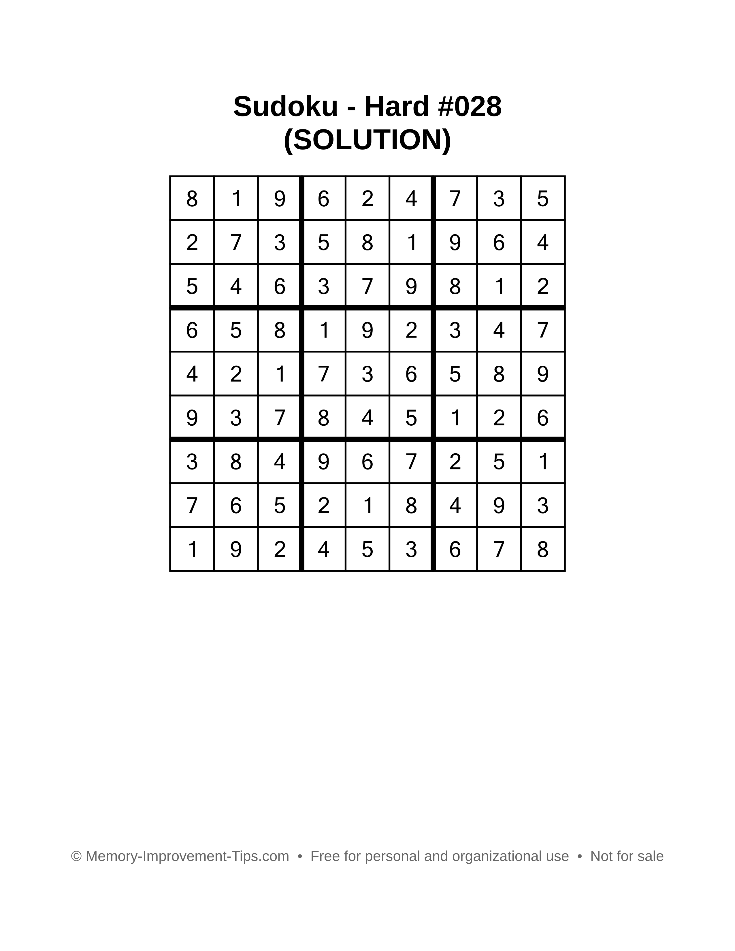 Printable Sudoku solution Hard #028