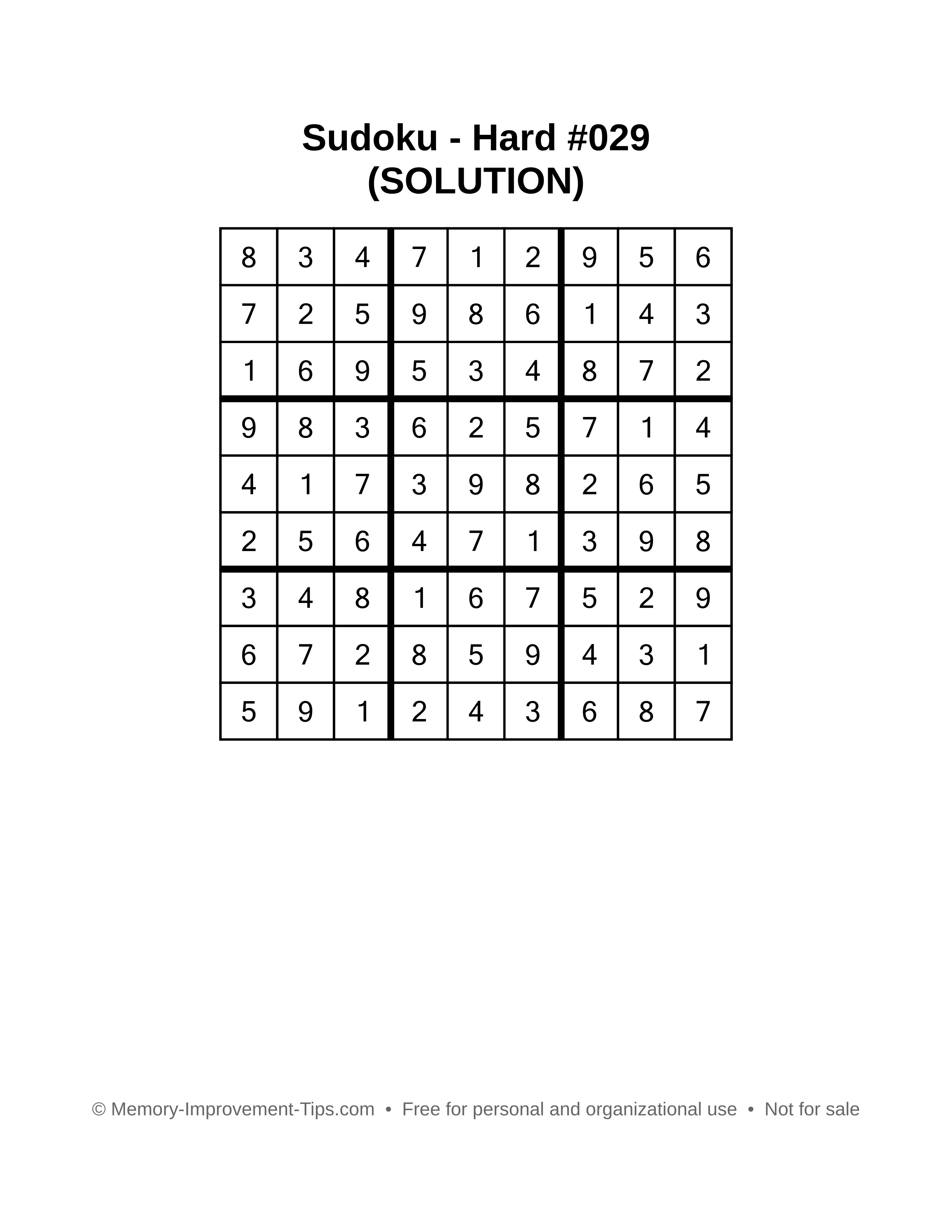 Printable Sudoku solution Hard #029