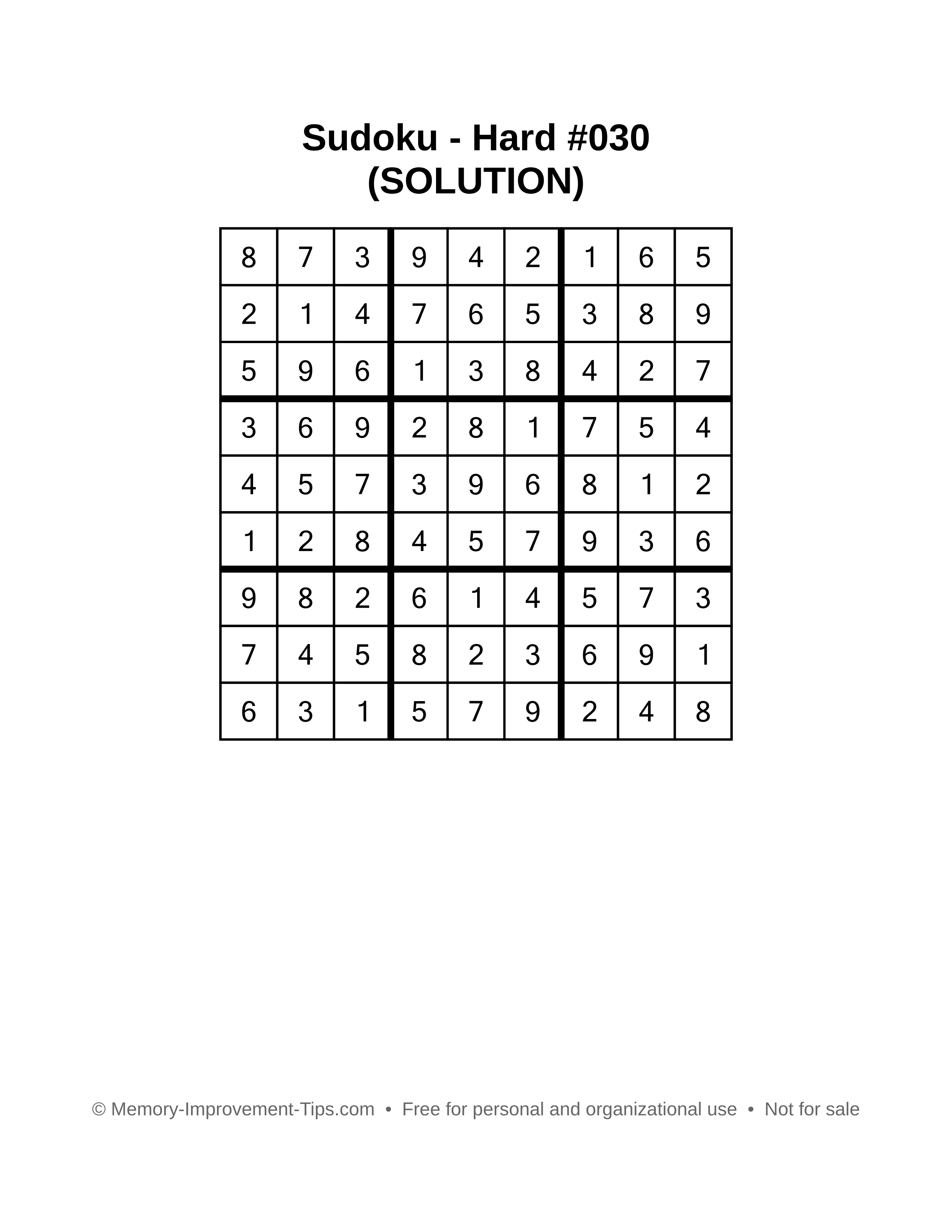 Printable Sudoku solution Hard #030