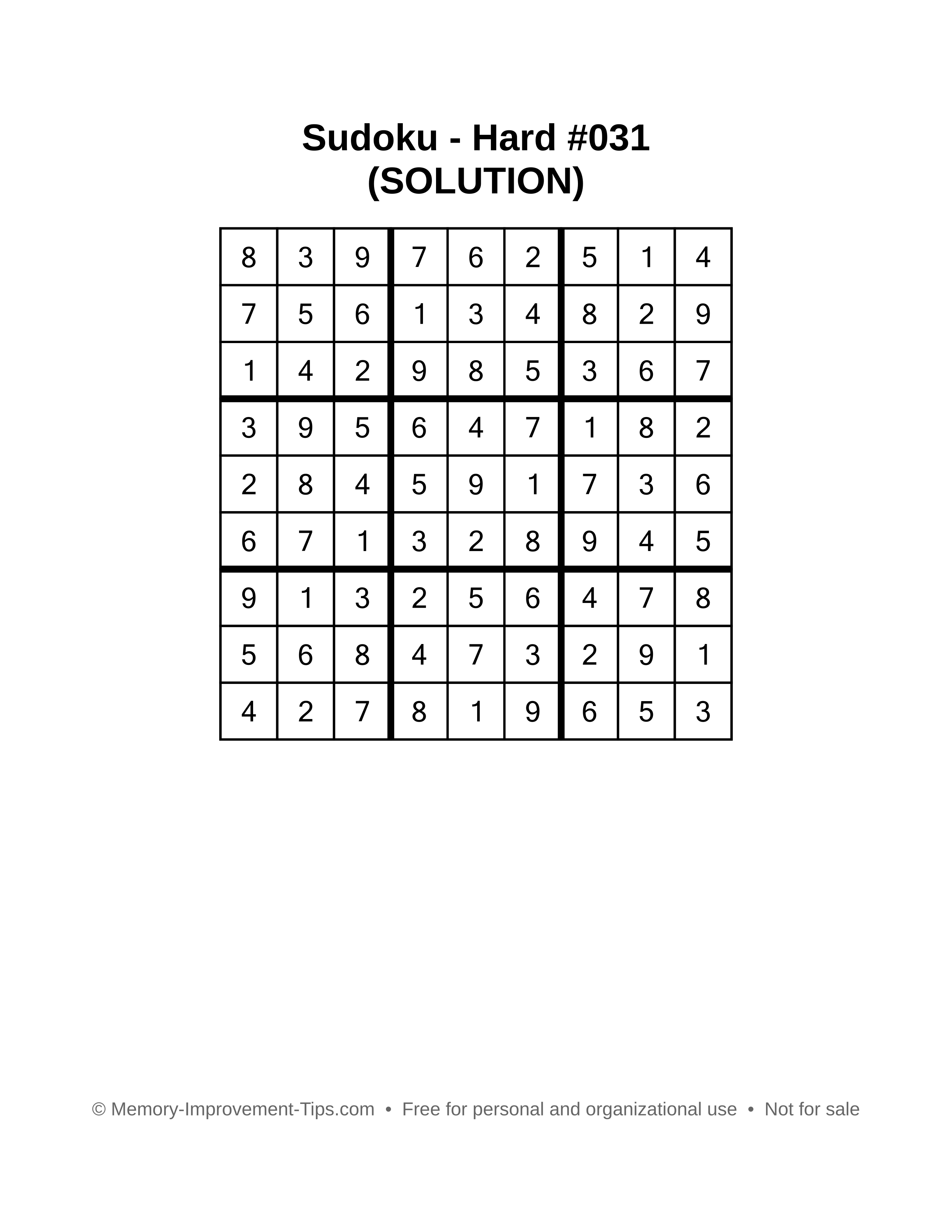 Printable Sudoku solution Hard #031