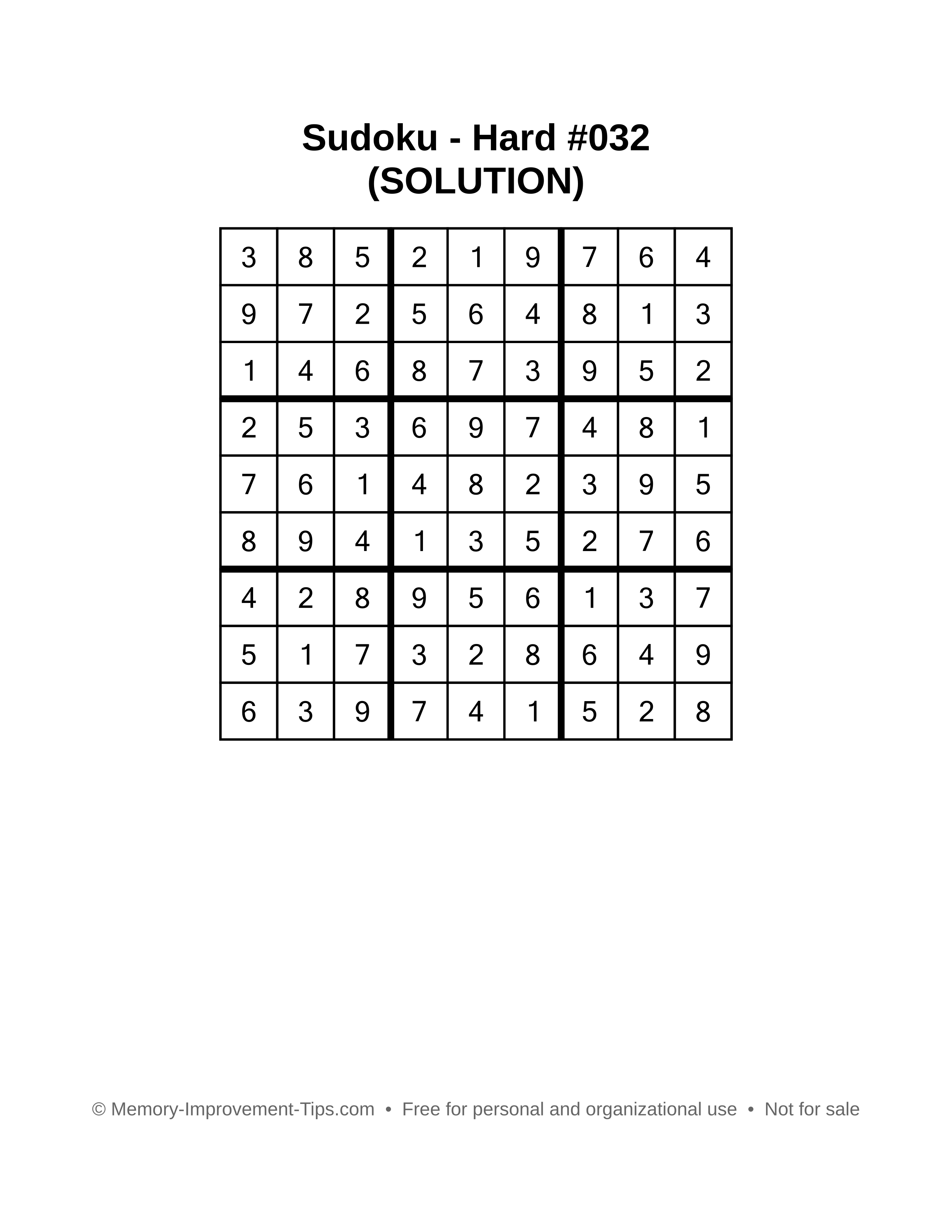 Printable Sudoku solution Hard #032